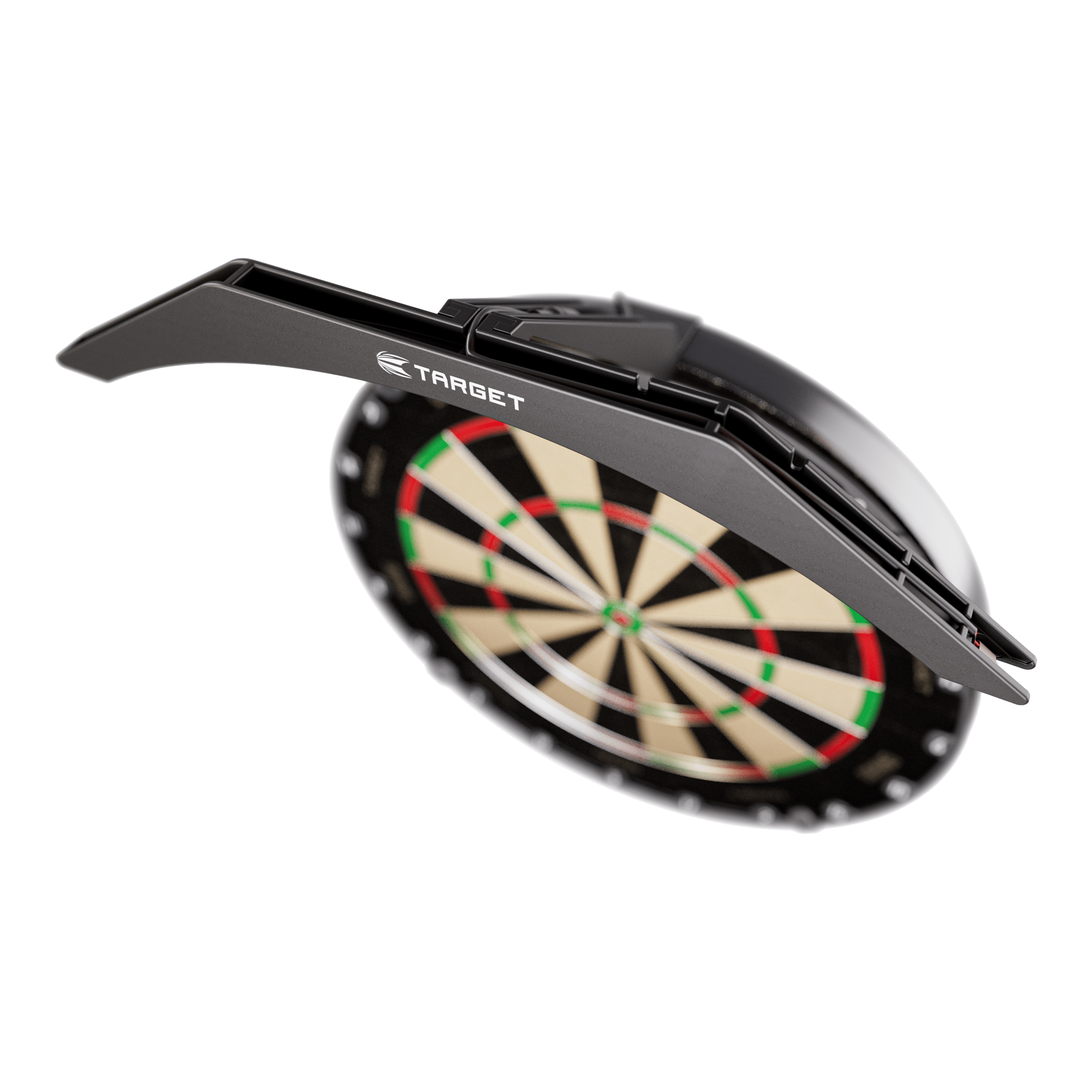 Iluminación para diana Target ARC V2 Das Bild zeigt die "Target ARC V2 Dartboard Beleuchtung", die über einem Dartboard angebracht ist. Die Beleuchtung sorgt für optimale Ausleuchtung der Dartscheibe beim Spielen.