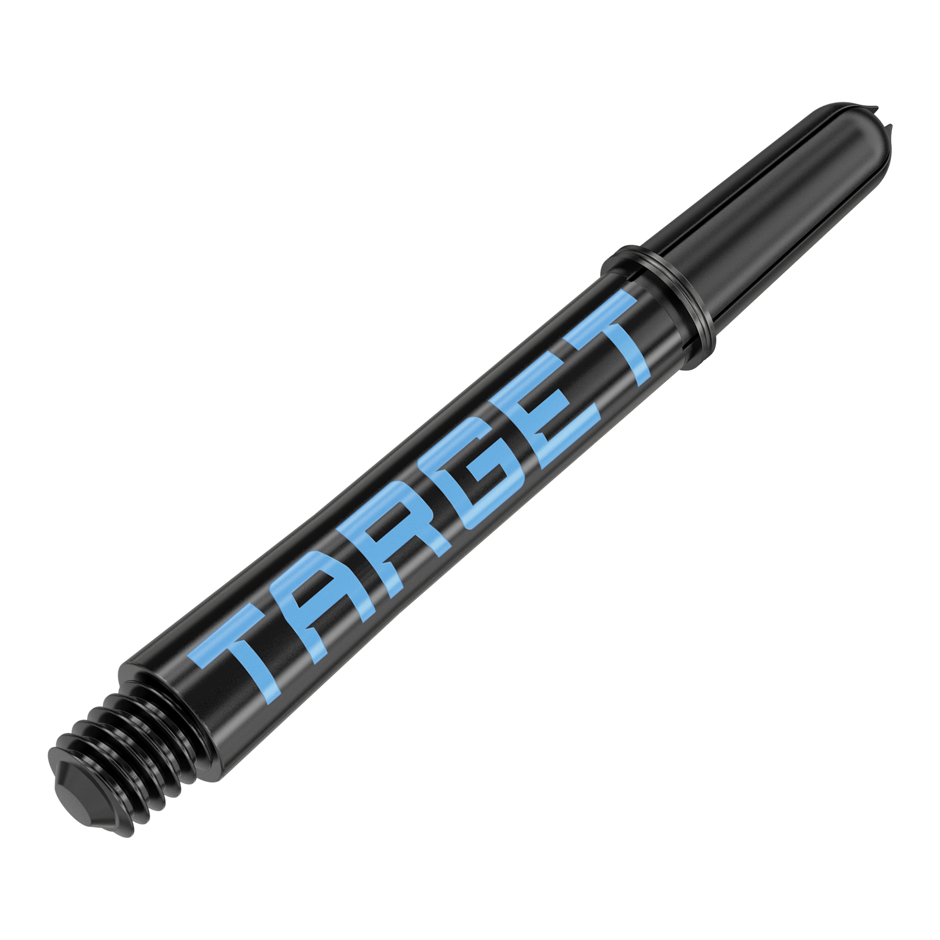 Varillas Target Pro Grip TAG - 3 juegos - Negro y azul Dies ist ein schwarzer Dart-Schaft mit blauer Schrift. Auf dem Schaft steht das Wort "TARGET".