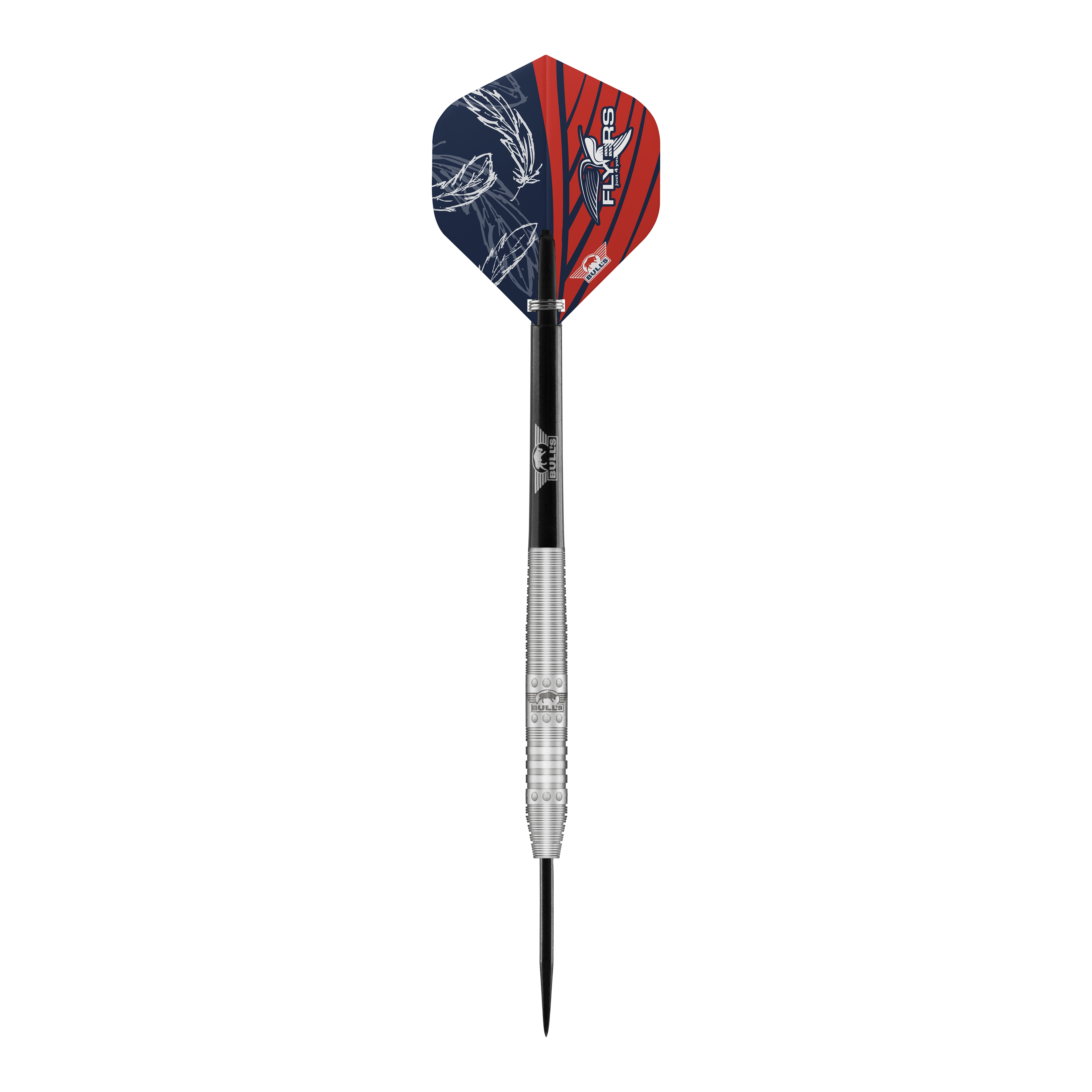 Bulls NL Richard Veenstra 80 dardos de acero - 23g Das Bild zeigt einen Steeldartpfeil namens "Bulls NL Richard Veenstra 80 Steeldarts - 23g". Der Dart hat eine silberne, gerillte Spitze und bunte Flights in Blau und Rot mit weißen Mustern.