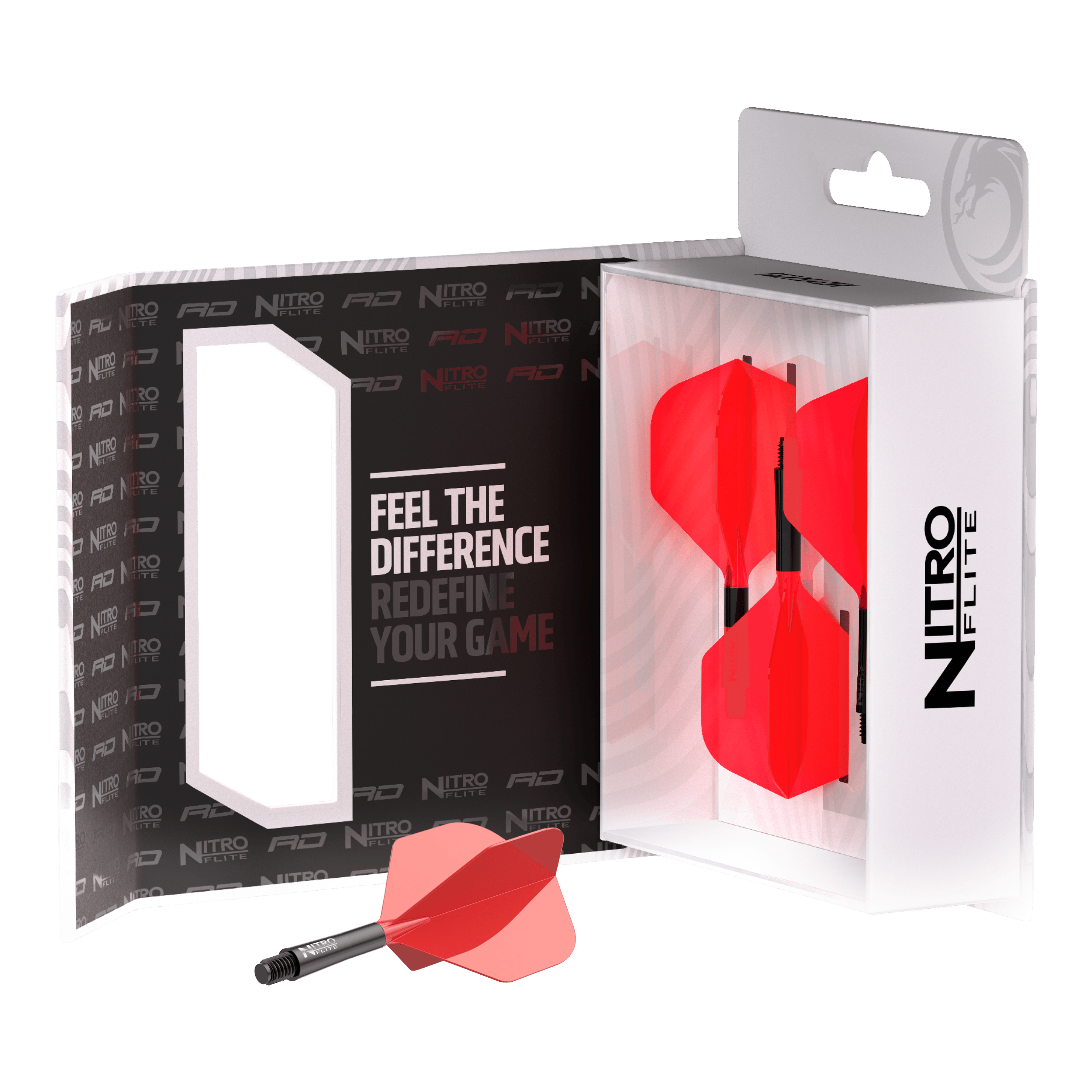 Zu sehen ist Red Dragon Nitroflite - Black Shaft Red No2 Flights. Die Dart-Flights zeigen ein Design in Schwarz und Rot.