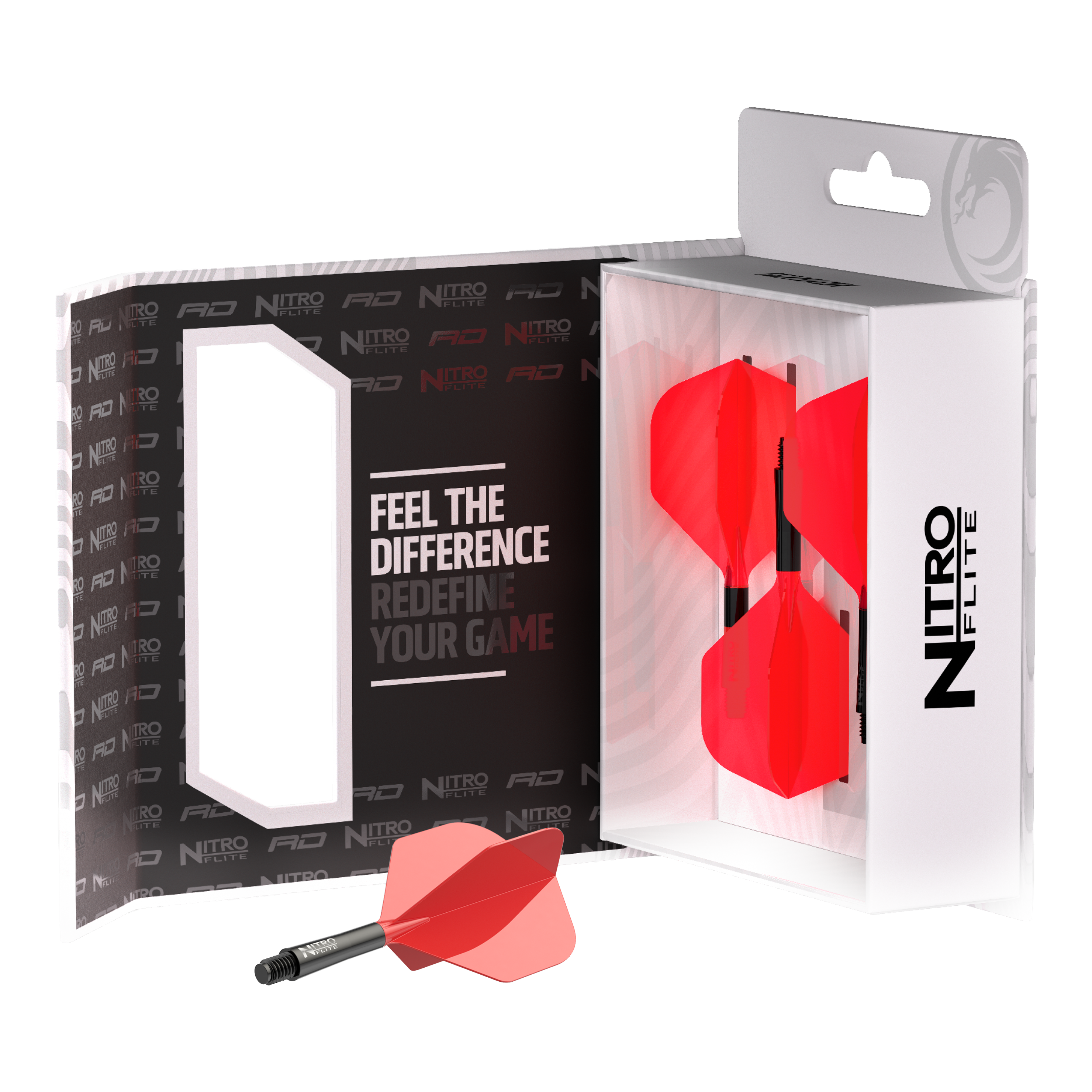 Red Dragon Nitroflite - Vuelo rojo con eje negro n.° 2 Zu sehen ist Red Dragon Nitroflite - Black Shaft Red No2 Flights. Die Dart-Flights zeigen ein Design in Schwarz und Rot.