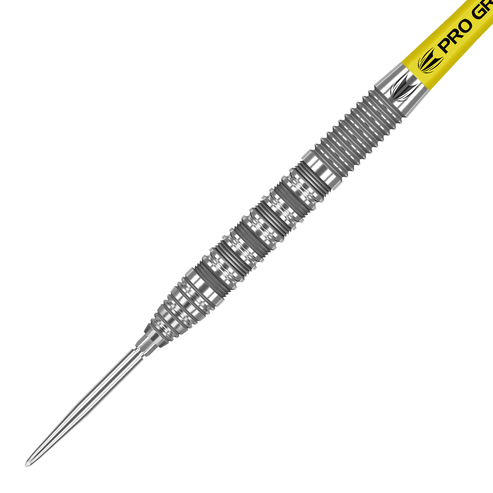 190051_Target_Bolide_01_Swiss_Point_Steeldarts_2 Dies ist ein Target Bolide 01 Swiss Point Steeldart. Der Dart besteht aus Metall und hat einen gelben Schaft mit der Aufschrift "Pro Grip".