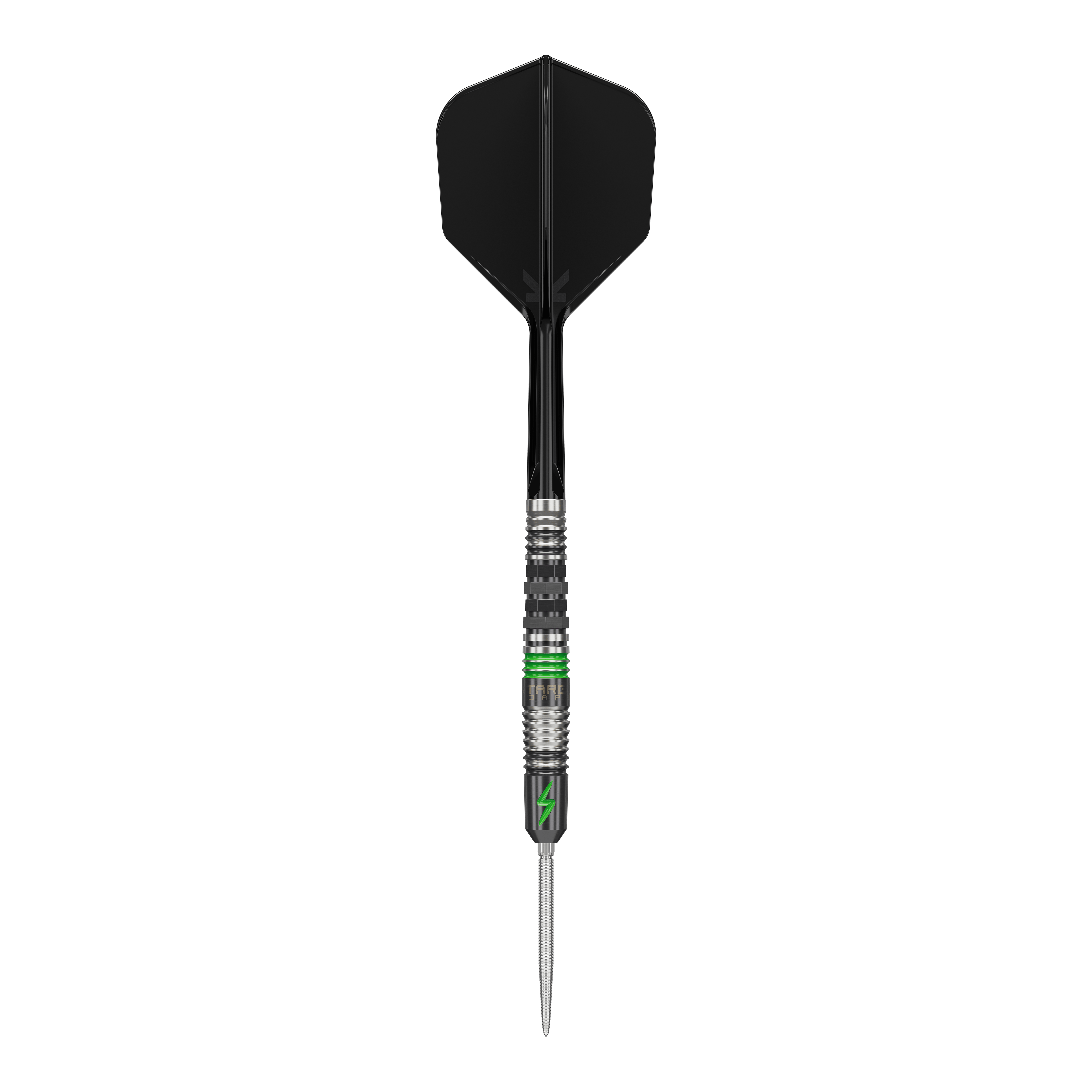 Dardos de acero Target Japan Black Marque Lightning 3 SP Das Bild zeigt einen Target Japan Black Marque Lightning 3 SP Steeldart. Der Dartpfeil hat ein schwarzes Flight und Details in Silber und Grün am Schaft.
