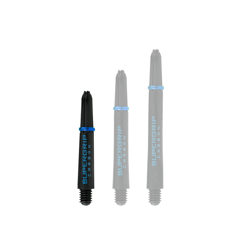 HR363_Harrows_Supergrip_Carbon_Shafts_Aqua_33mm_1 Das Bild zeigt drei Harrows Supergrip Carbon Shafts in der Farbe Aqua. Sie sind unterschiedlich lang und haben ein schwarzes Design mit blauen Akzenten.