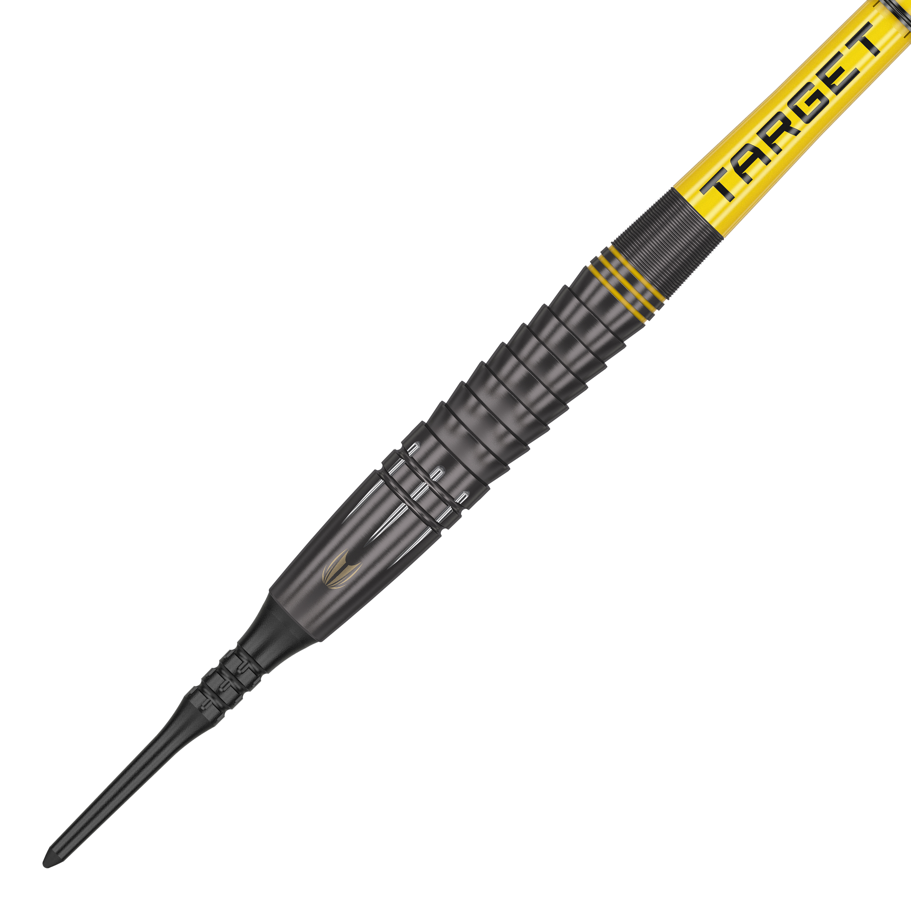 Dardos Target Scott Williams Shaggy negros suaves - 20 g Das Bild zeigt einen schwarzen Softdart mit gelben Akzenten und der Aufschrift "TARGET". Es handelt sich um das Produkt "Target Scott Williams Shaggy Black Softdarts - 20g".