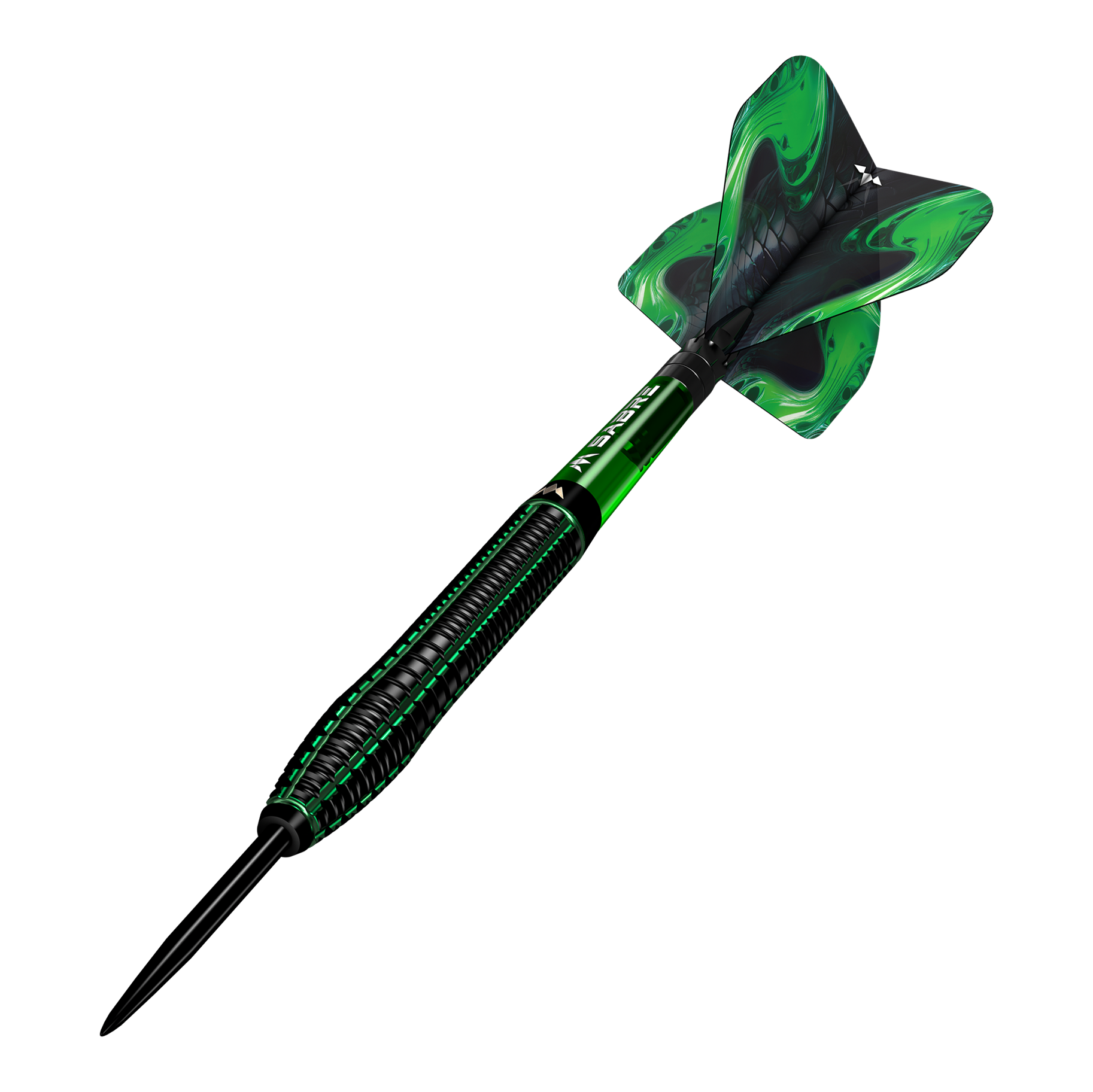 dardos de acero Mission Venom Das Bild zeigt einen Mission Venom Steeldart mit schwarzem und grünem Design. Die Flights sind ebenfalls grün mit einem geschwungenen Muster.