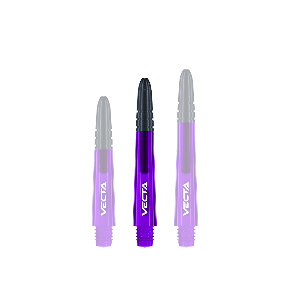 Flechas Winmau Vecta - Morado Negro Das Bild zeigt drei lila und schwarze Dartschäfte der Marke Vecta. Sie sind nebeneinander aufgereiht und haben unterschiedliche Längen.