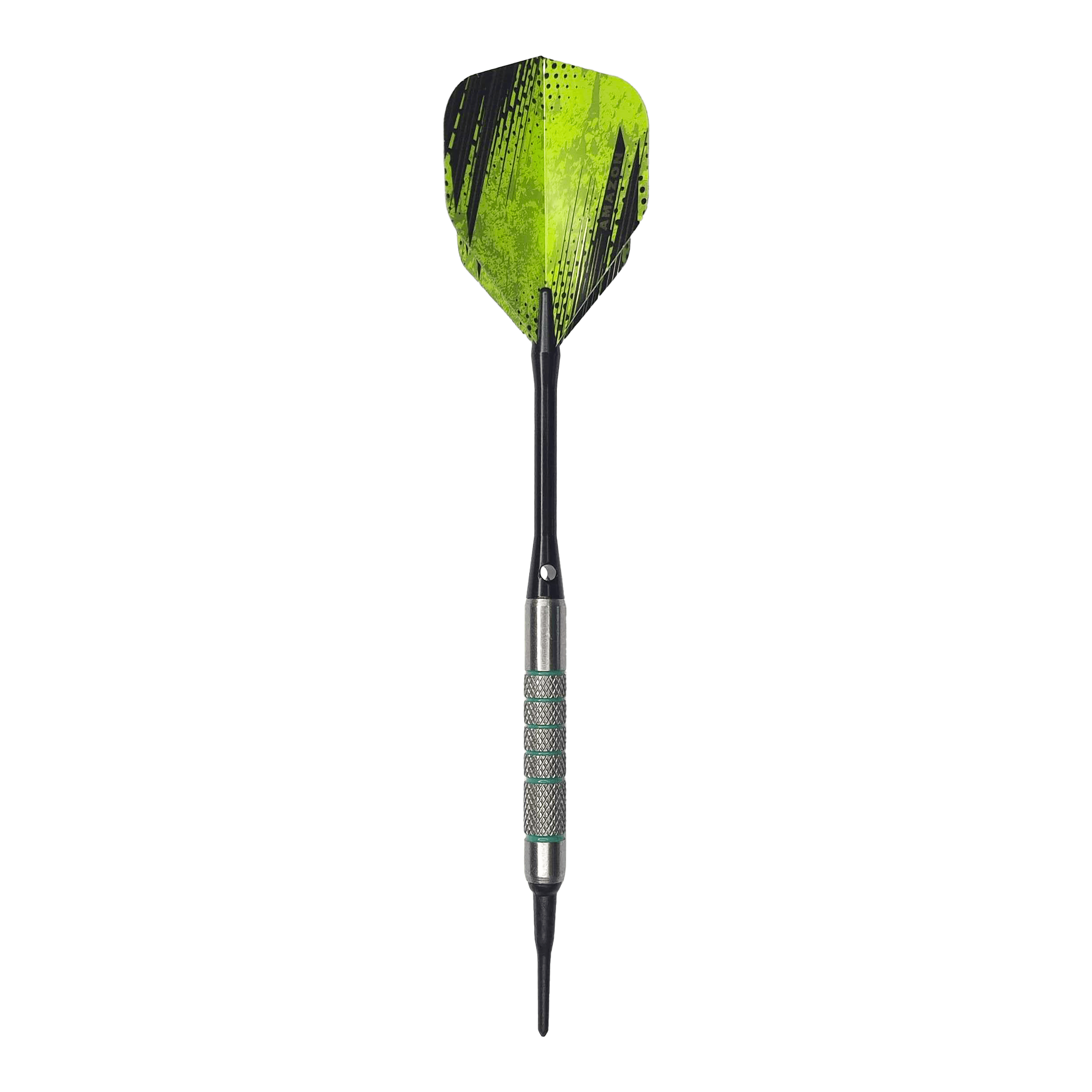 Dardos blandos McDart 85 Tungsten V7 - 16,5 g Der abgebildete Dart ist der „McDart 85er Tungsten V7 Softdart“ mit einem Gewicht von 16,5 Gramm. Er hat ein auffälliges grünes Flight-Design und einen griffigen, silberfarbenen Barrel.