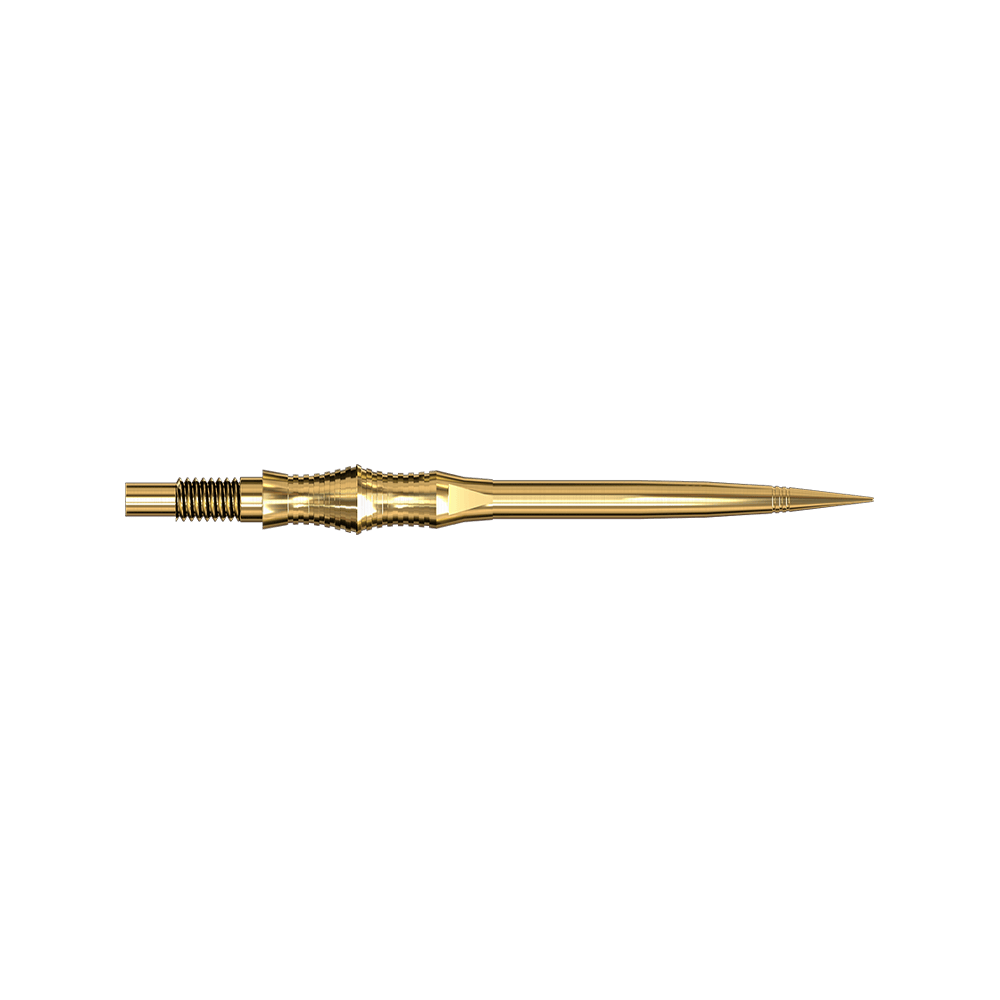 Harrows Quick Point Apex Spire Elite Series Dartspitzen - Gold Apex Spire Gold Elite Serie Dartspitzen in 35mm sind abgebildet. Sie sind lang und goldfarben.