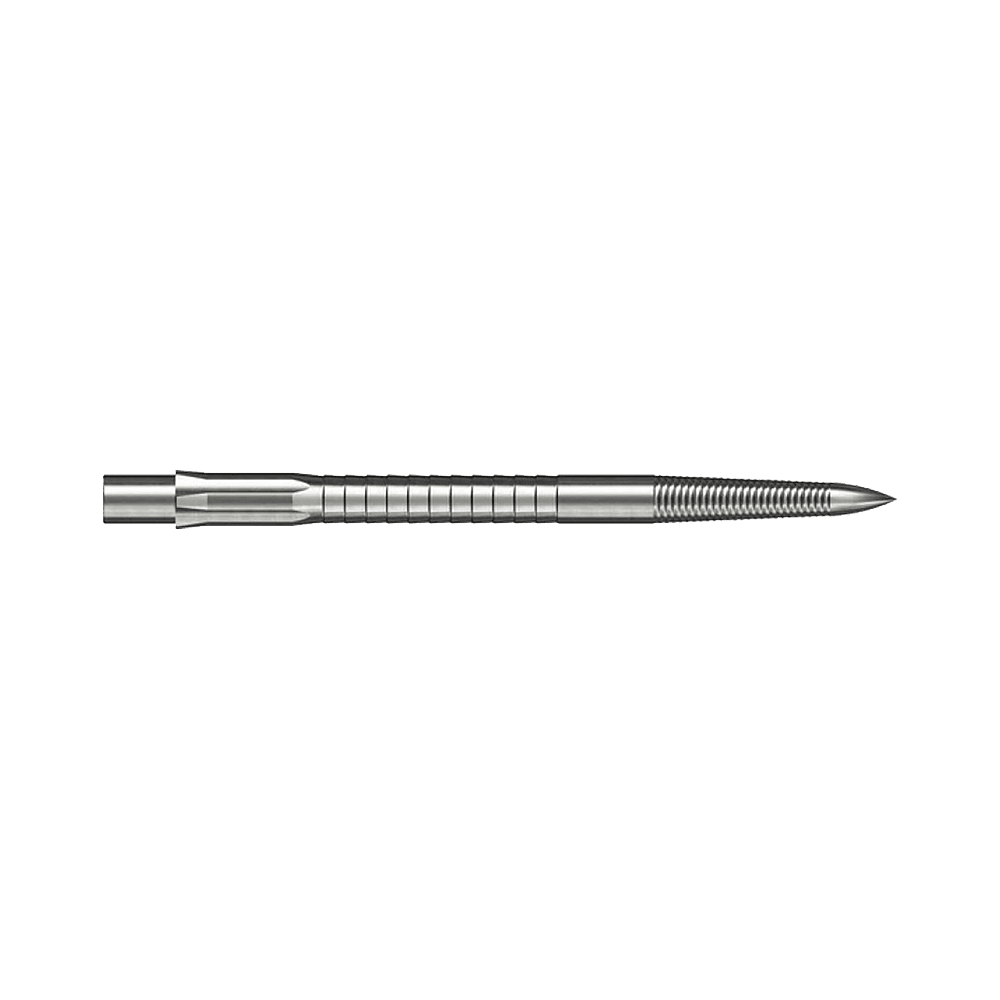 Puntas de dardo de acero Caliburn System - Micro Grip - Plateadas Die Abbildung zeigt eine Caliburn Evo System Steeldartspitze Micro Grip in Silber mit 36 mm Länge. Die Spitze ist detailliert und auf weißem Hintergrund dargestellt.