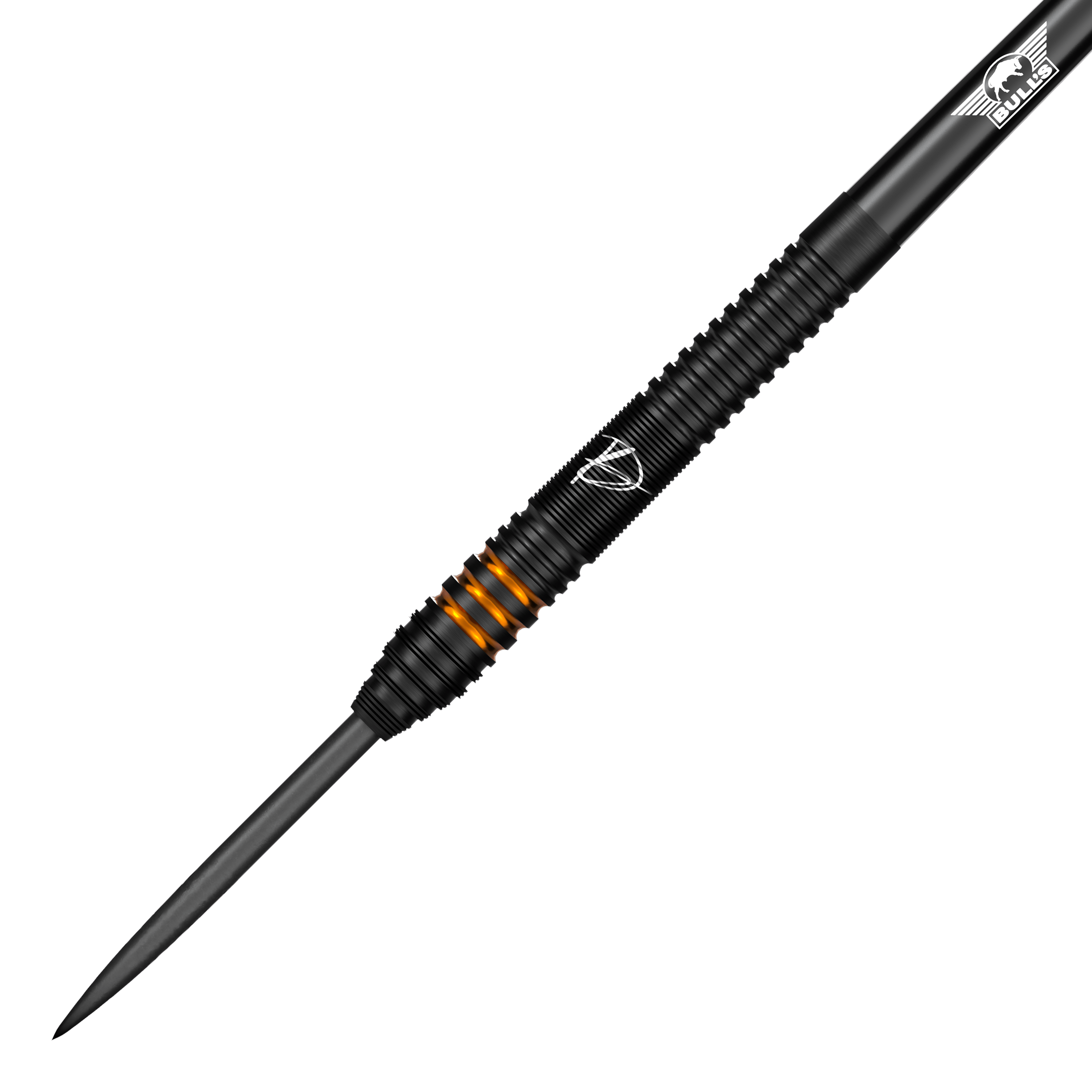 Bulls NL Dirk Van Duijvenbode Edition 2 dardos de acero Dies ist der Bulls NL Dirk Van Duijvenbode Edition 2 Steeldart. Der Dart ist überwiegend schwarz mit auffälligen orangefarbenen Ringen im Griffbereich.