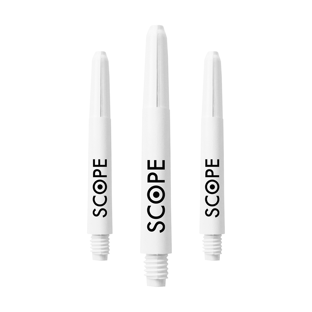 526_McDart_Scope_Nylon_Shafts_Weiss_41mm_1PKEltwui3ubyw Das Bild zeigt drei weiße McDart Scope Nylon Shafts. Auf jedem Shaft steht das Wort "SCOPE" in schwarzer Schrift.