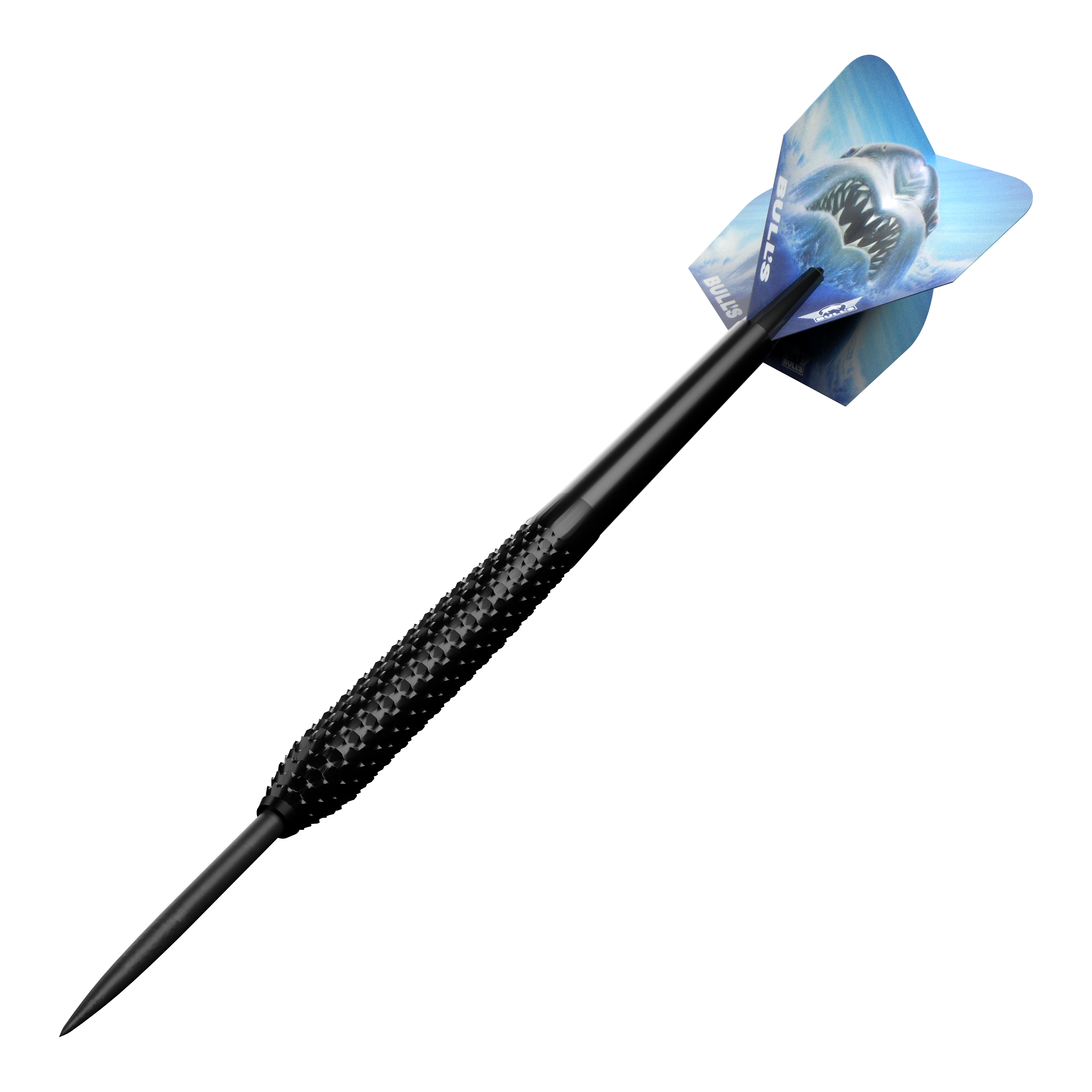 Der Bulls NL Shark Pro Black Steeldart ist ein schwarzer Steeldartpfeil mit einer strukturierten Griffzone. Auf dem Flight ist ein bedrohlicher Hai abgebildet.