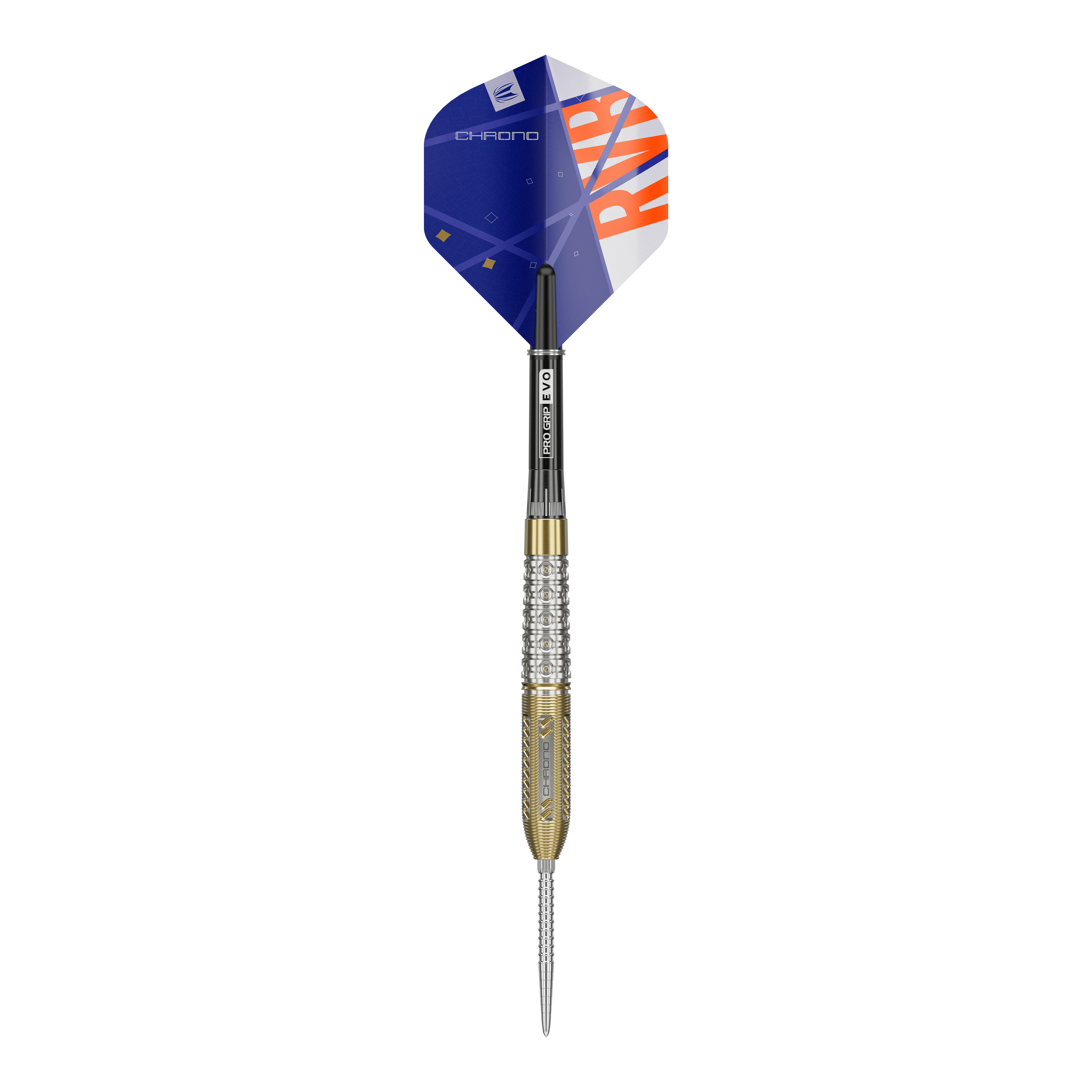Target Raymond Van Barneveld Chrono 95 Dardos de acero con punta suiza Dies ist ein Steeldart der Marke Target, Modell Raymond Van Barneveld Chrono 95 Swiss Point. Der Dart hat ein modernes Design mit gold-silbernem Barrel und einem blauen Flight mit orangen Details.