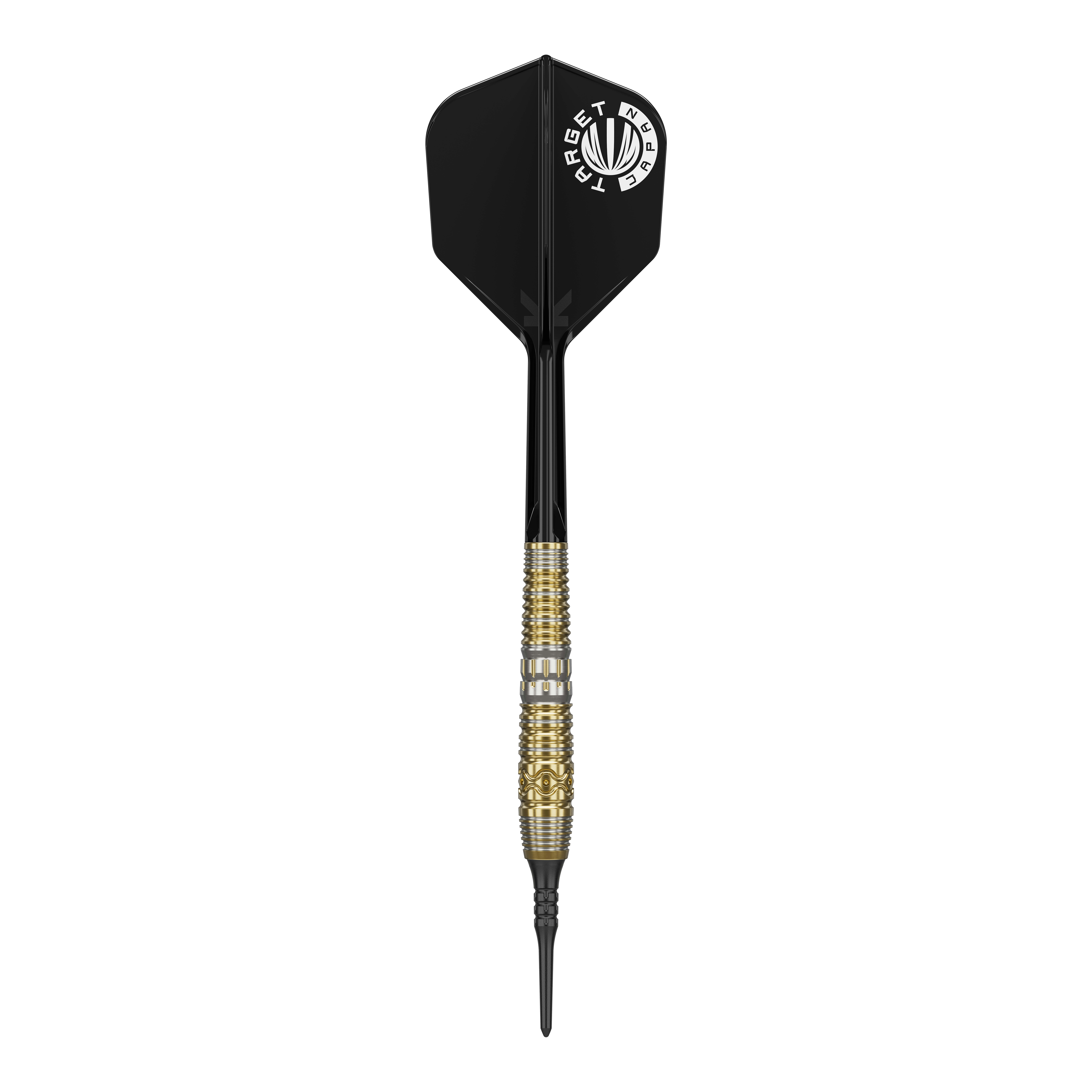 Dardos blandos Target Japan Hot Shot GEN2 - 19 g Das Bild zeigt einen Softdart mit schwarzem Flight und goldenem Griff. Es handelt sich um das Produkt "Target Japan Hot Shot GEN2 Softdarts - 19g".