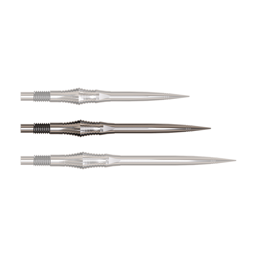 Harrows Quick Point Spire Elite Series Dartspitzen - Silber Dartspitzen der Spire Silver Elite Serie in 35mm Länge werden gezeigt. Die Spitzen sind metallisch und silber.