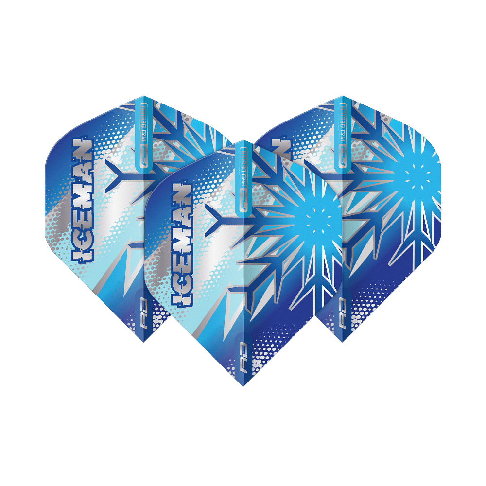 Red Dragon Gerwyn Price Blue Flake No2 Vuelos Estándar Das Bild zeigt drei blaue Dart-Flights mit Eiskristall-Muster und dem Schriftzug "ICEMAN". Die Flights sind das Produkt "Red Dragon Gerwyn Price Blue Flake No2 Standard Flights".