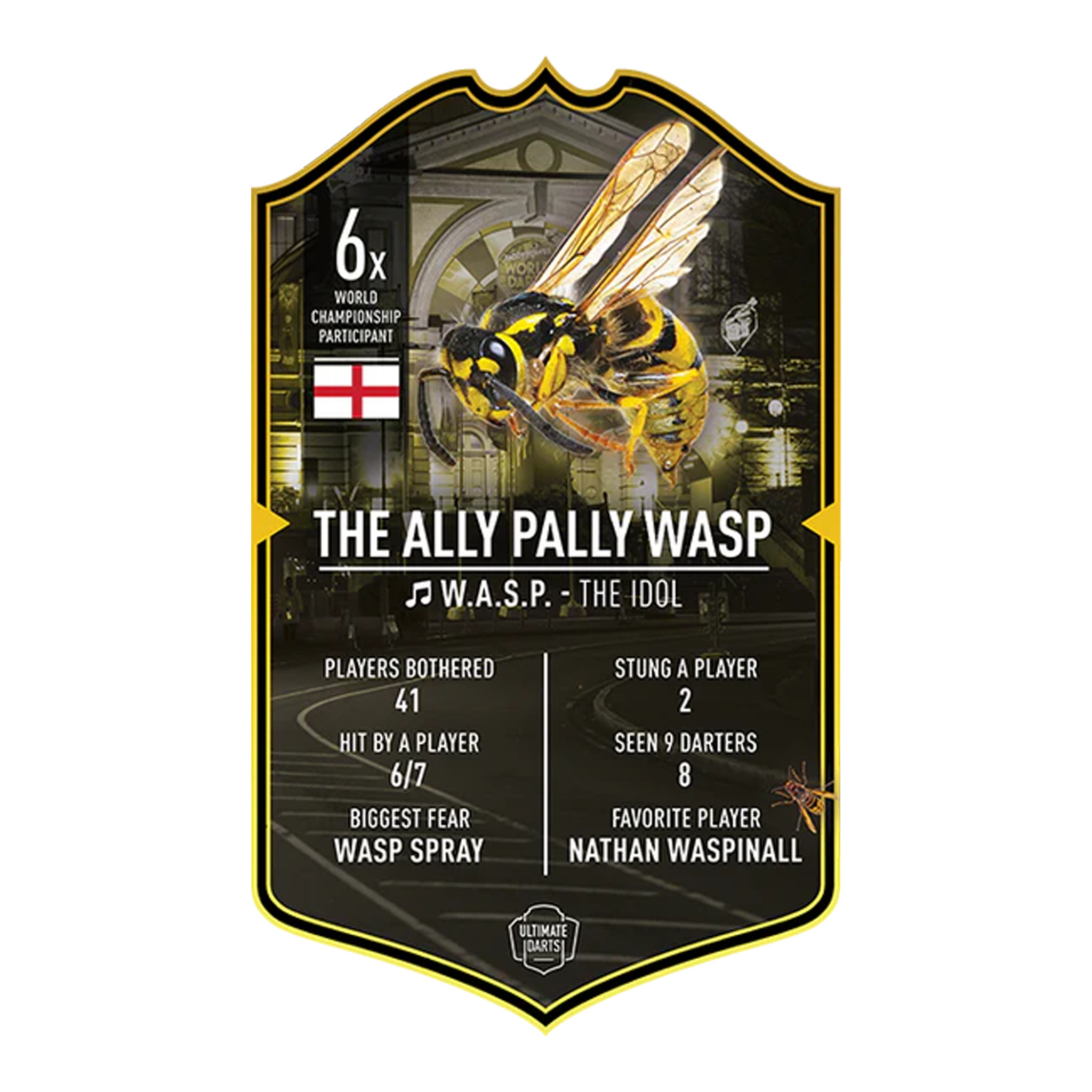 Carta de dardos definitiva: La avispa del paladín aliado Ultimate Darts Card - The Ally Pally Wasp. Diese Karte präsentiert das Motiv The Ally Pally Wasp aus der Ultimate Darts Card Serie.