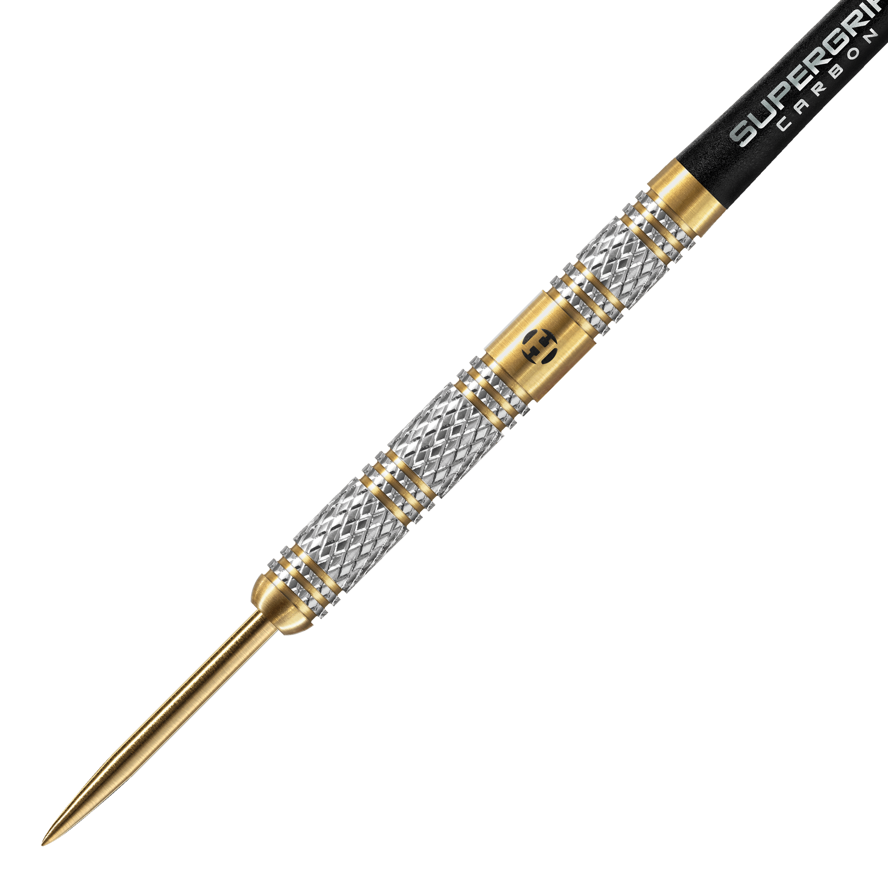 Dardos de acero Magnum edición aniversario de Harrows Das Bild zeigt einen Harrows Anniversary Edition Magnum Steeldart. Der Dartpfeil hat ein silber-goldenes Design mit einer schwarzen Spitze am hinteren Teil.