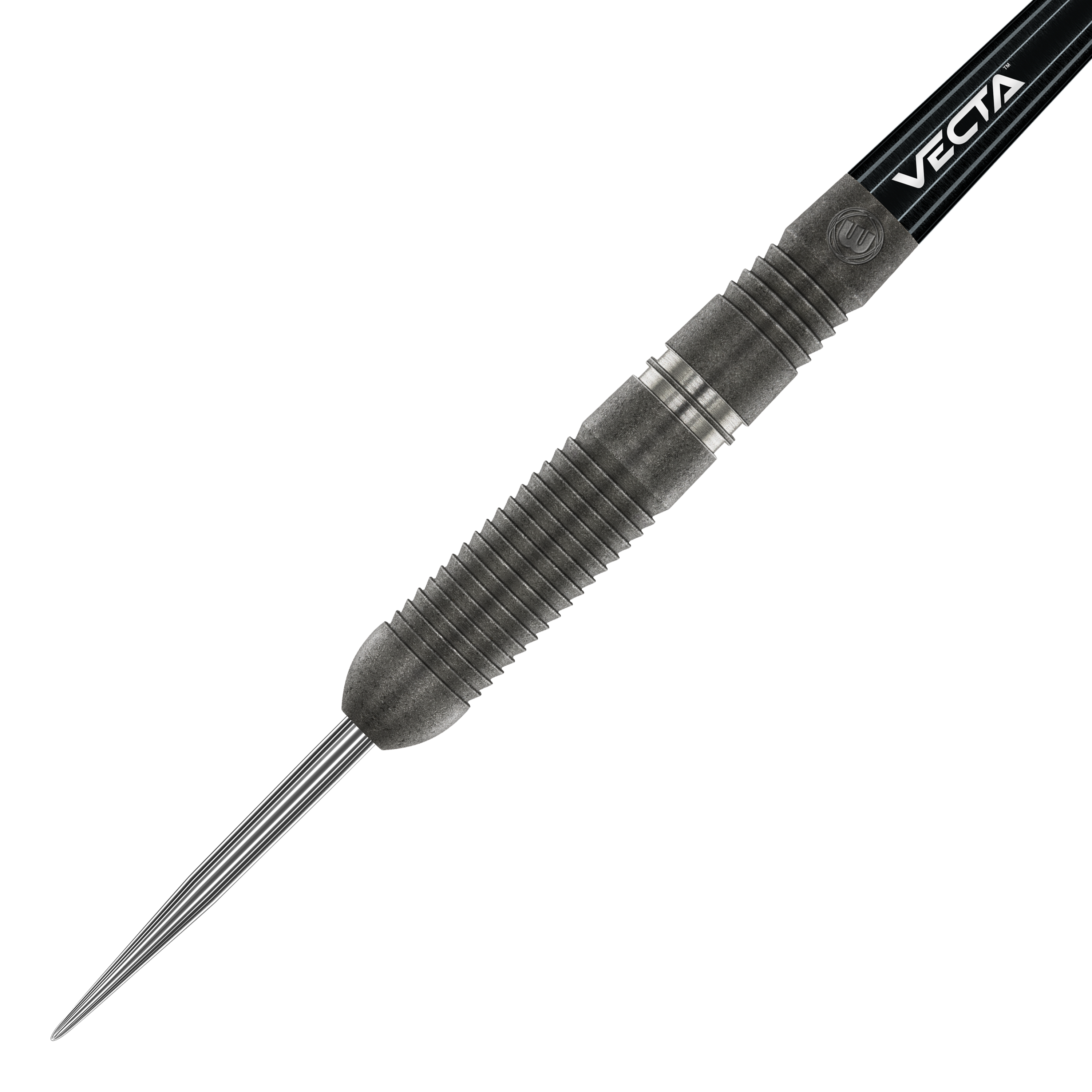 Dardos de acero Winmau Callisto 03 Das Bild zeigt einen Winmau Callisto 03 Steeldart. Der Dart hat ein geriffeltes, schwarzes Barrel und eine spitze Metallspitze.