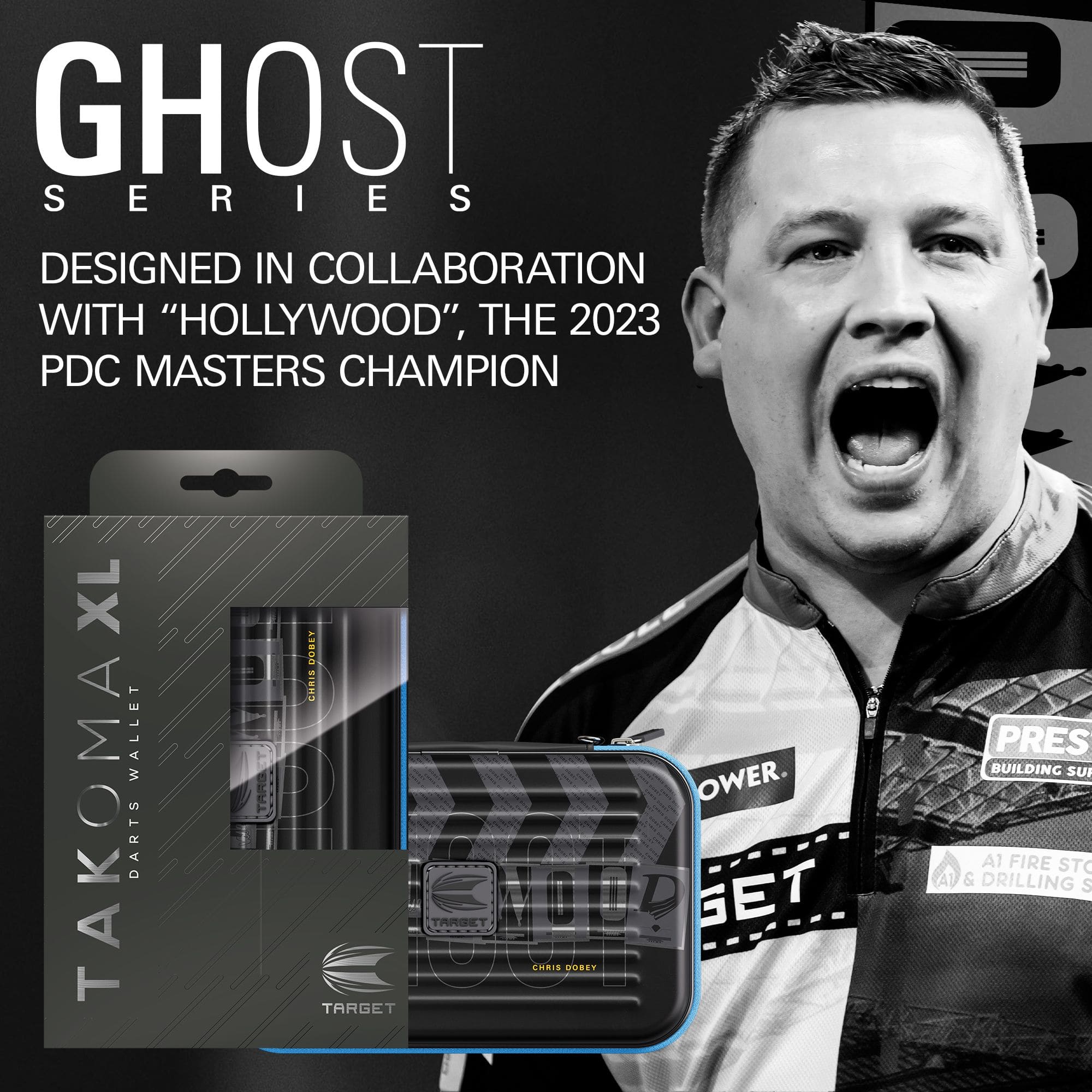 Estuche de dardos Chris Dobey de la serie Ghost de Takoma XL Das Bild zeigt das Takoma XL Ghost Series Chris Dobey Dartcase. Das Dartcase schützt Dartzubehör vor Beschädigungen.