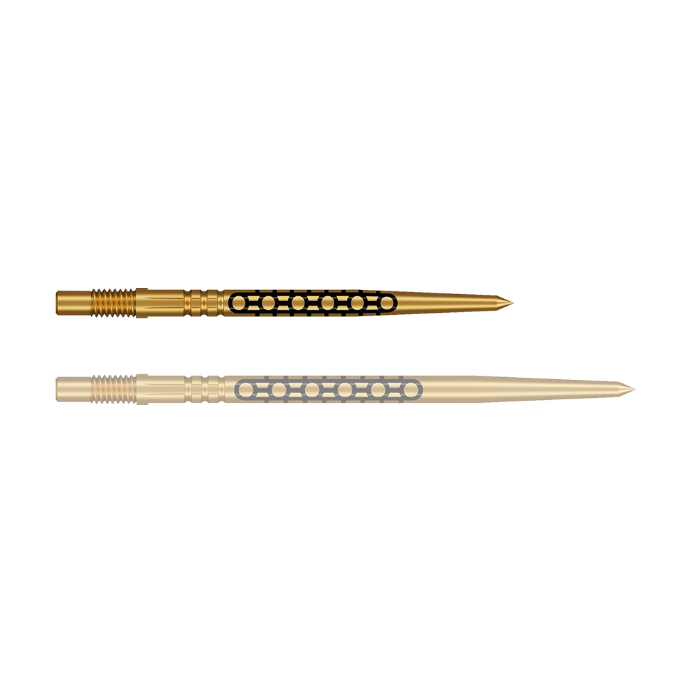 Puntas de dardo Shot Turbo Point Goths - Oro Eine einzelne, kompakte Dartspitze in Goldoptik ist abgebildet. Die Spitze ist robust gefertigt.