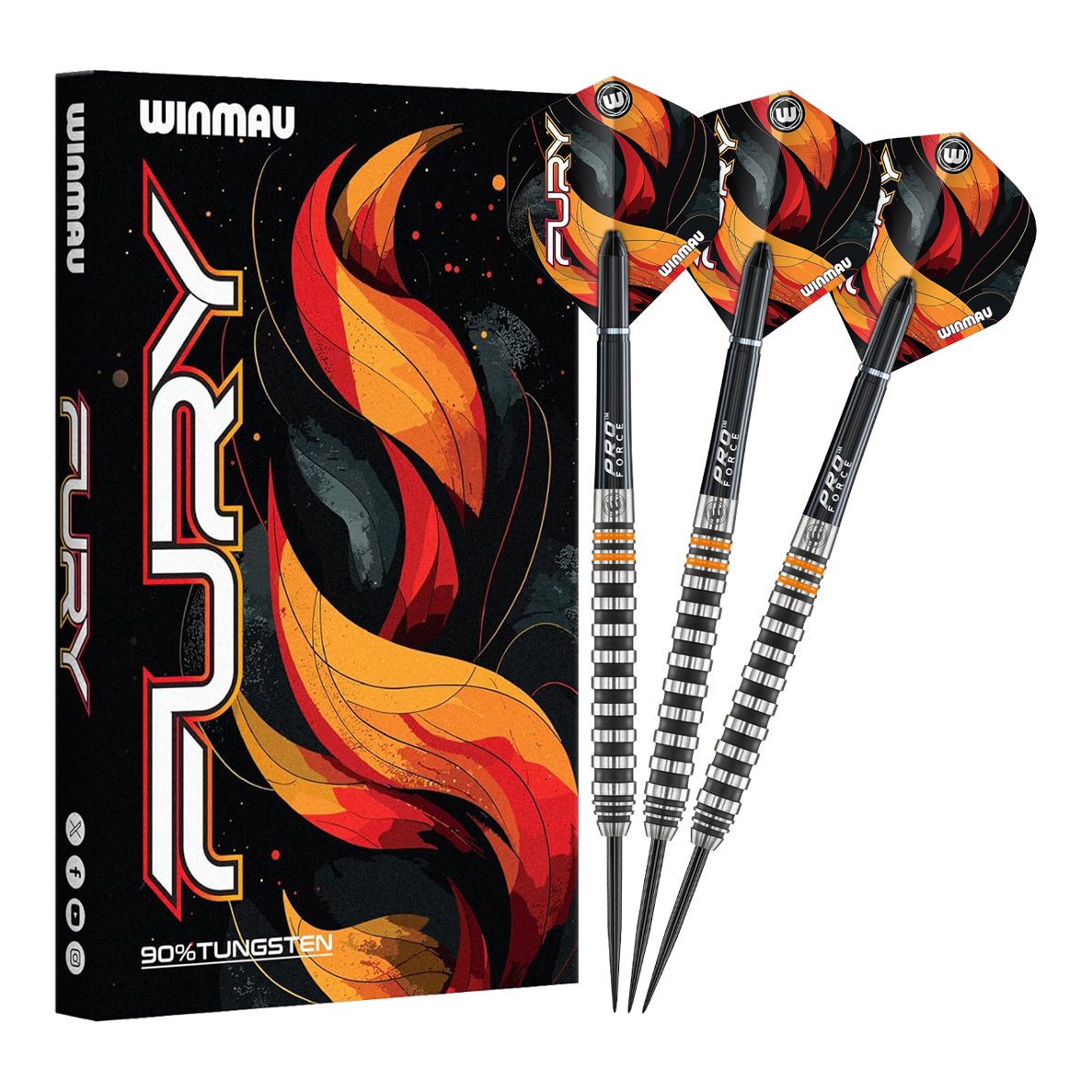 Gezeigt werden die Winmau Fury Steeldarts - 22g. Diese hochwertigen Steeldarts sind für anspruchsvolle Spieler konzipiert.