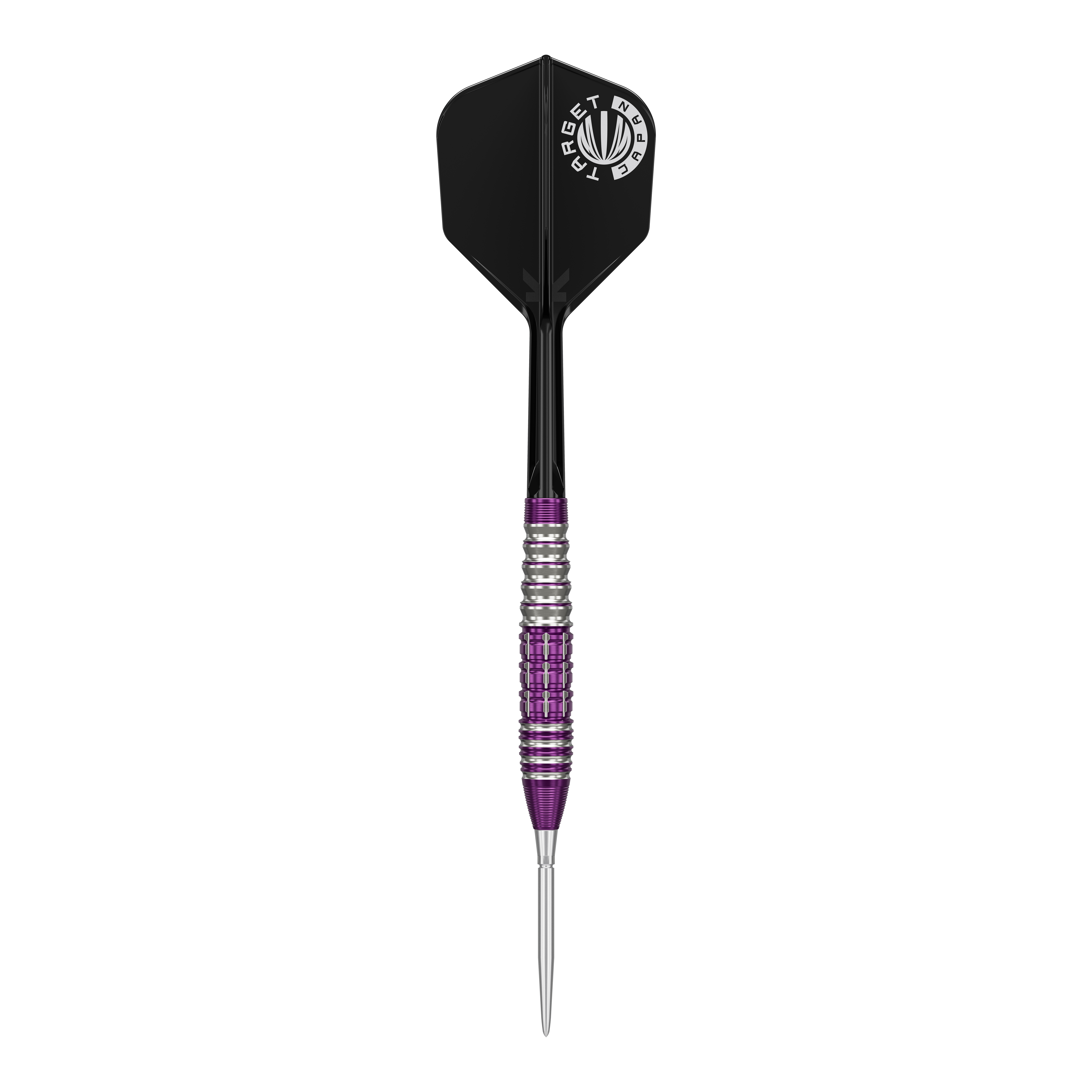 Dardos de acero Target Japan Prime Series Tung Suk Zenith GEN1 Swiss Point - 23 g Das Bild zeigt einen Steeldartpfeil aus der Target Japan Prime Series mit silber-lila geriffeltem Barrel und schwarzer Flight. Auf dem Flight ist ein weißes Logo mit der Aufschrift "TARGET JAPAN" zu sehen.
