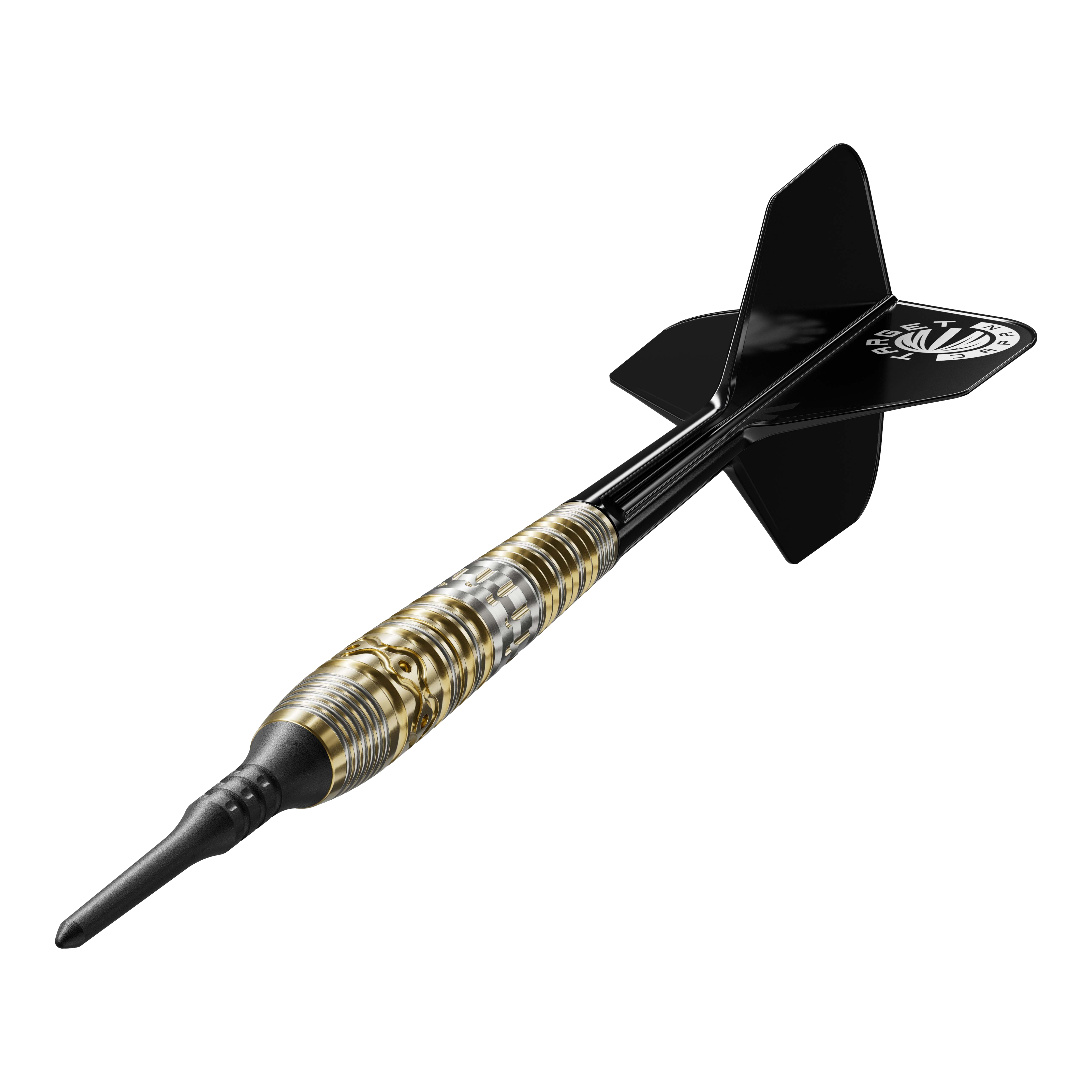 Dardos blandos Target Japan Hot Shot GEN2 - 19 g Das Bild zeigt einen Softdartpfeil namens "Target Japan Hot Shot GEN2 Softdarts - 19g". Der Dart hat ein schwarz-goldenes Design mit einer schwarzen Spitze und schwarzen Flights.