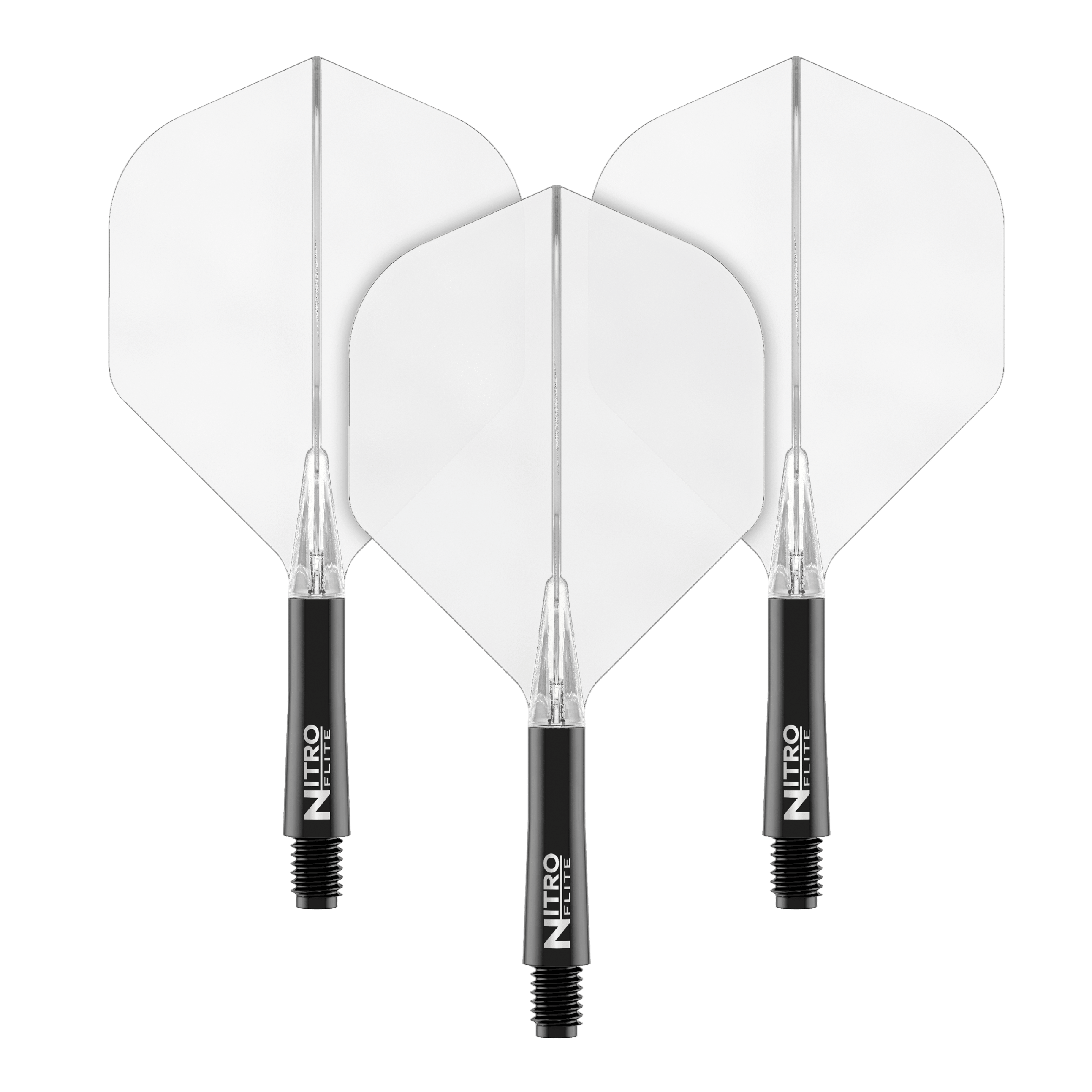 Red Dragon Nitroflite - Eje negro, plumas transparentes nº 2 Das Bild zeigt drei Dart Flights mit weißen Flügeln und schwarzen Schäften. Auf den Schäften steht der Schriftzug "Nitro Flite".