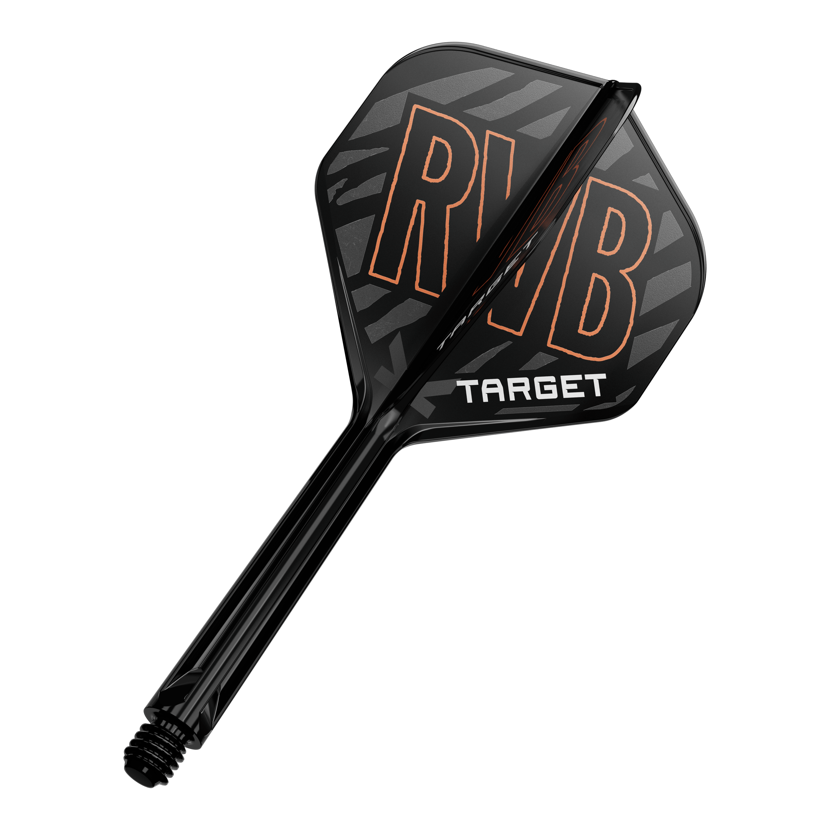 Target K-Flex Raymond Van Barneveld No2 Sistema de eje de vuelo estándar Auf dem Bild ist ein schwarzer Dartflight mit der Aufschrift „RVB“ in orange und „TARGET“ in weiß zu sehen. Der Schaft des Darts ist ebenfalls schwarz und hat eine glänzende Oberfläche.