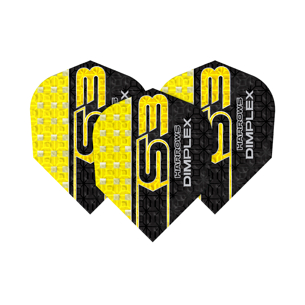 Rastrillos Dimplex S3 - Amarillo Das Bild zeigt drei gelbe und schwarze Dartflights des Modells "Harrows Dimplex S3". Auf den Flights steht der Schriftzug "S3 HARROWS DIMPLEX".