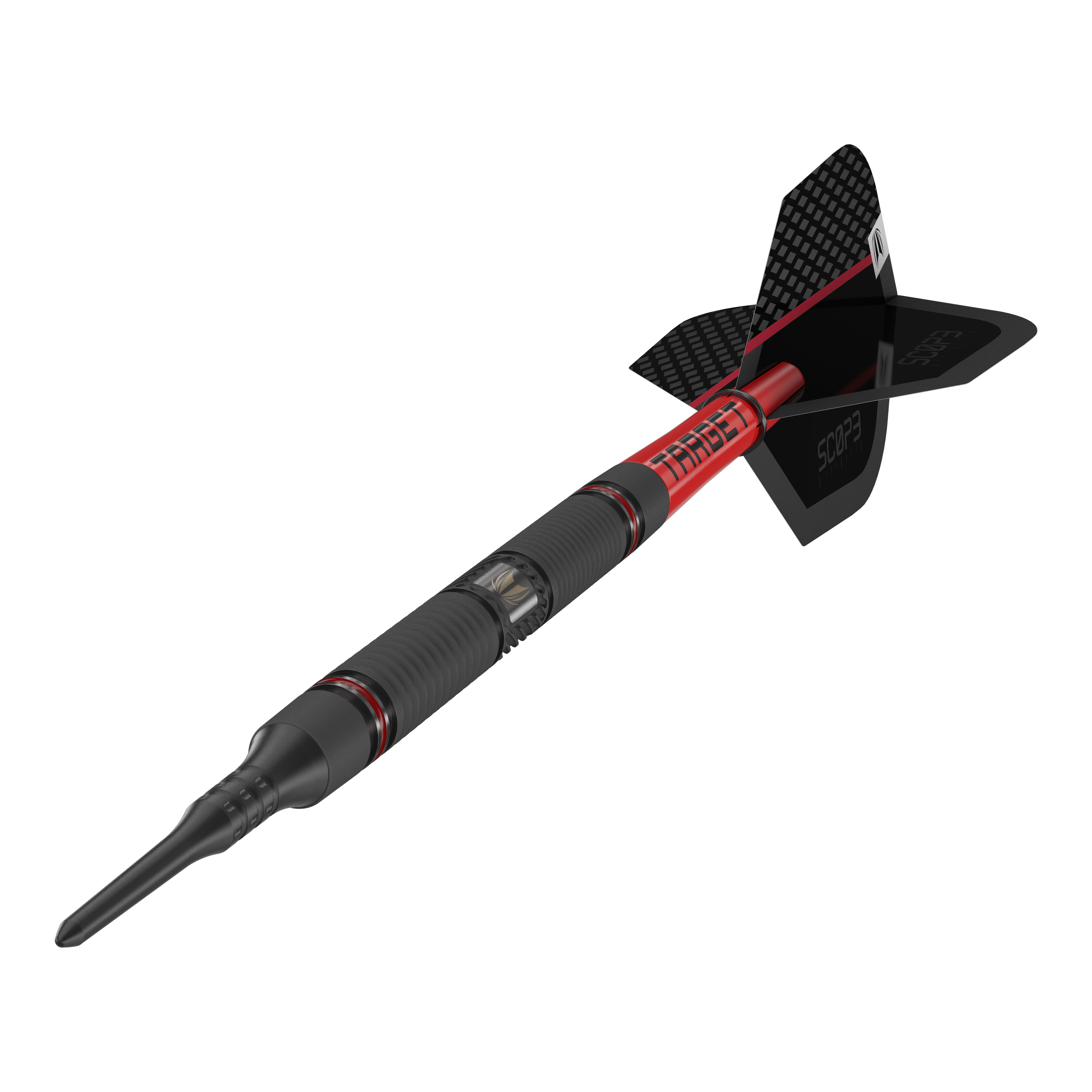 Target Scope 10 dardos blandos Das Bild zeigt einen modernen Softdart mit dem Namen "Target Scope 10 Softdarts". Der Dart ist schwarz und rot gestaltet und hat eine auffällige, strukturierte Oberfläche sowie eine schwarze Flight.