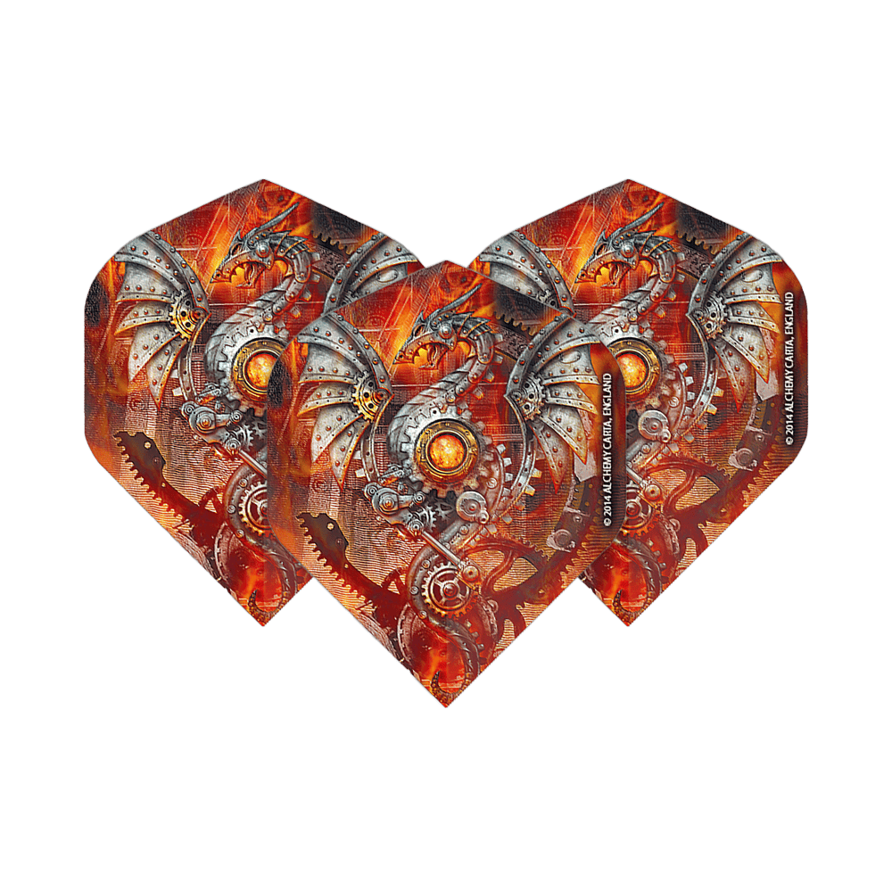 Alchemy Tech Dragon No2 Vuelos Estándar Das Bild zeigt drei Dart-Flights mit einem mechanischen Drachenmotiv in leuchtenden Orange- und Silbertönen. Die Flights sind das Produkt "Alchemy Tech Dragon No2 Standard Flights".
