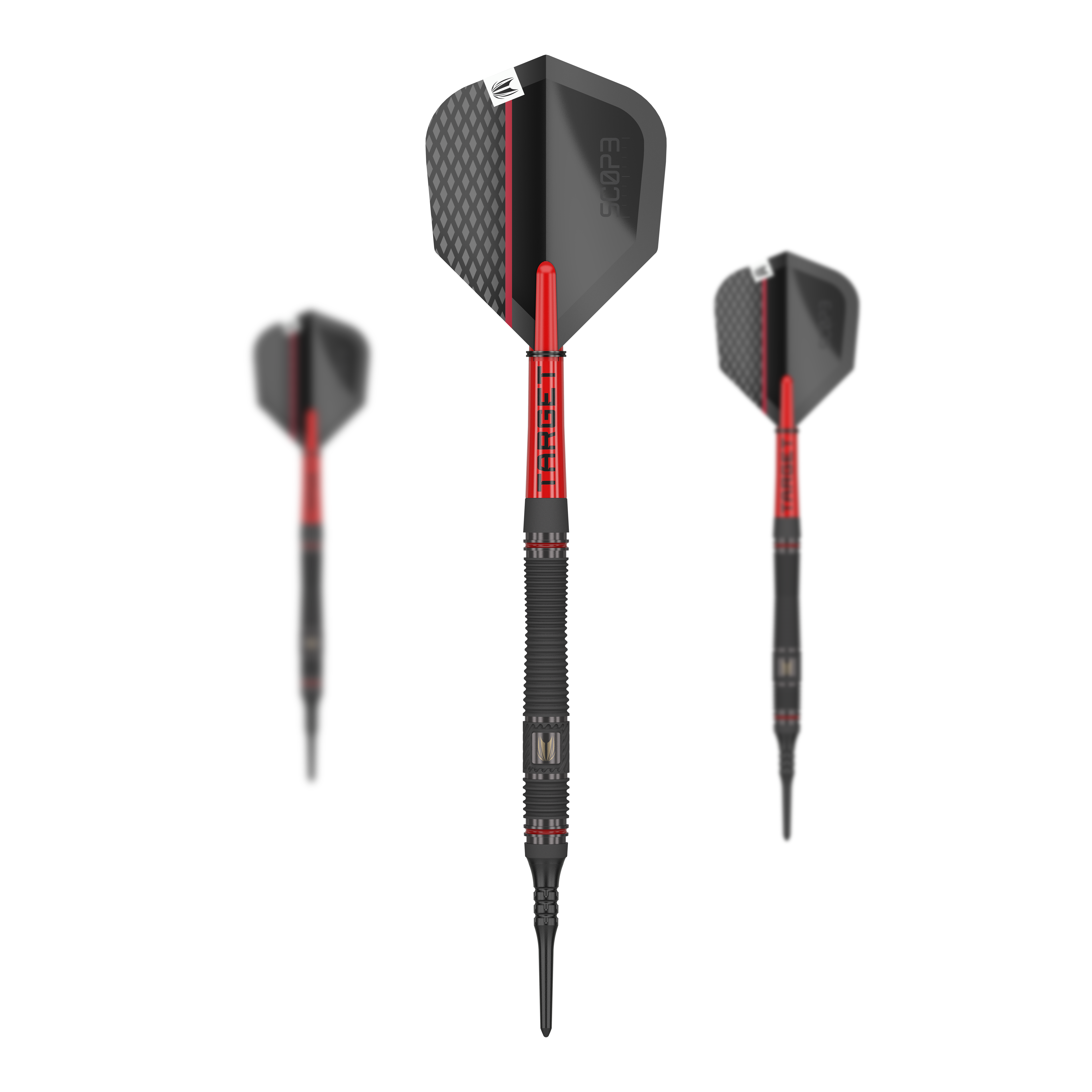 Dardos blandos Target Scope 11 Das Bild zeigt drei Softdarts des Produkts „Target Scope 11“. Die Darts haben ein schwarzes und rotes Design mit strukturierten Flights.