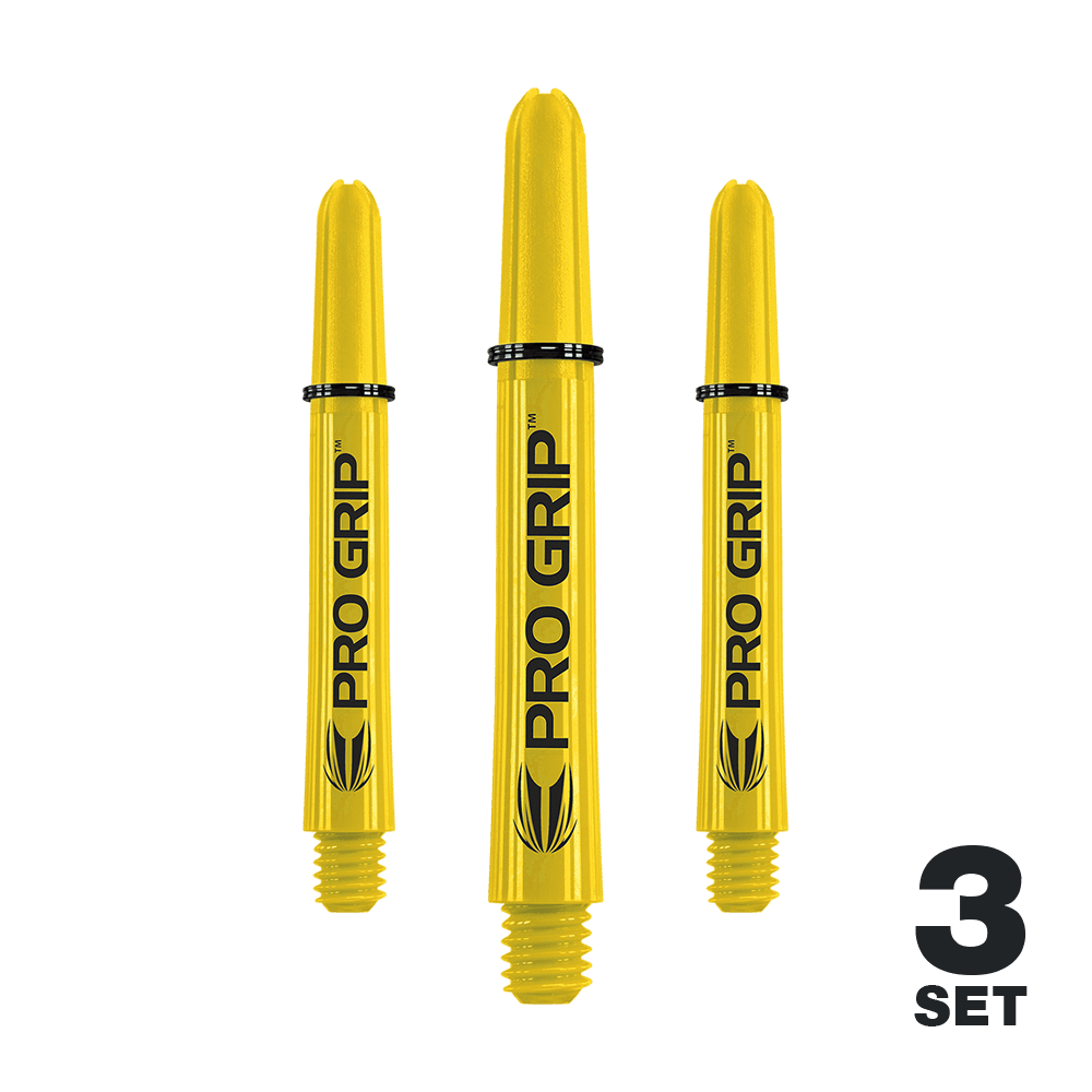 Varillas Target Pro Grip - 3 juegos - Amarillo Auf dem Bild sind drei gelbe Dartschäfte mit der Aufschrift „PRO GRIP“ zu sehen. In der rechten unteren Ecke steht „3 SET“.