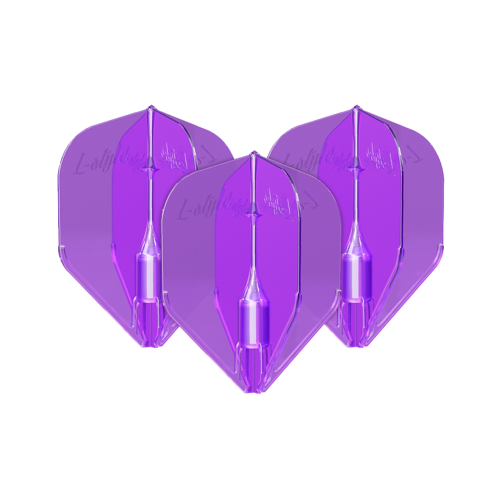 Plumas L-Style Fantom L3EZ Moradas Das Bild zeigt drei violette L-Style Fantom L3EZ Flights für Darts. Sie sind nebeneinander angeordnet und haben eine glänzende, transparente Oberfläche.