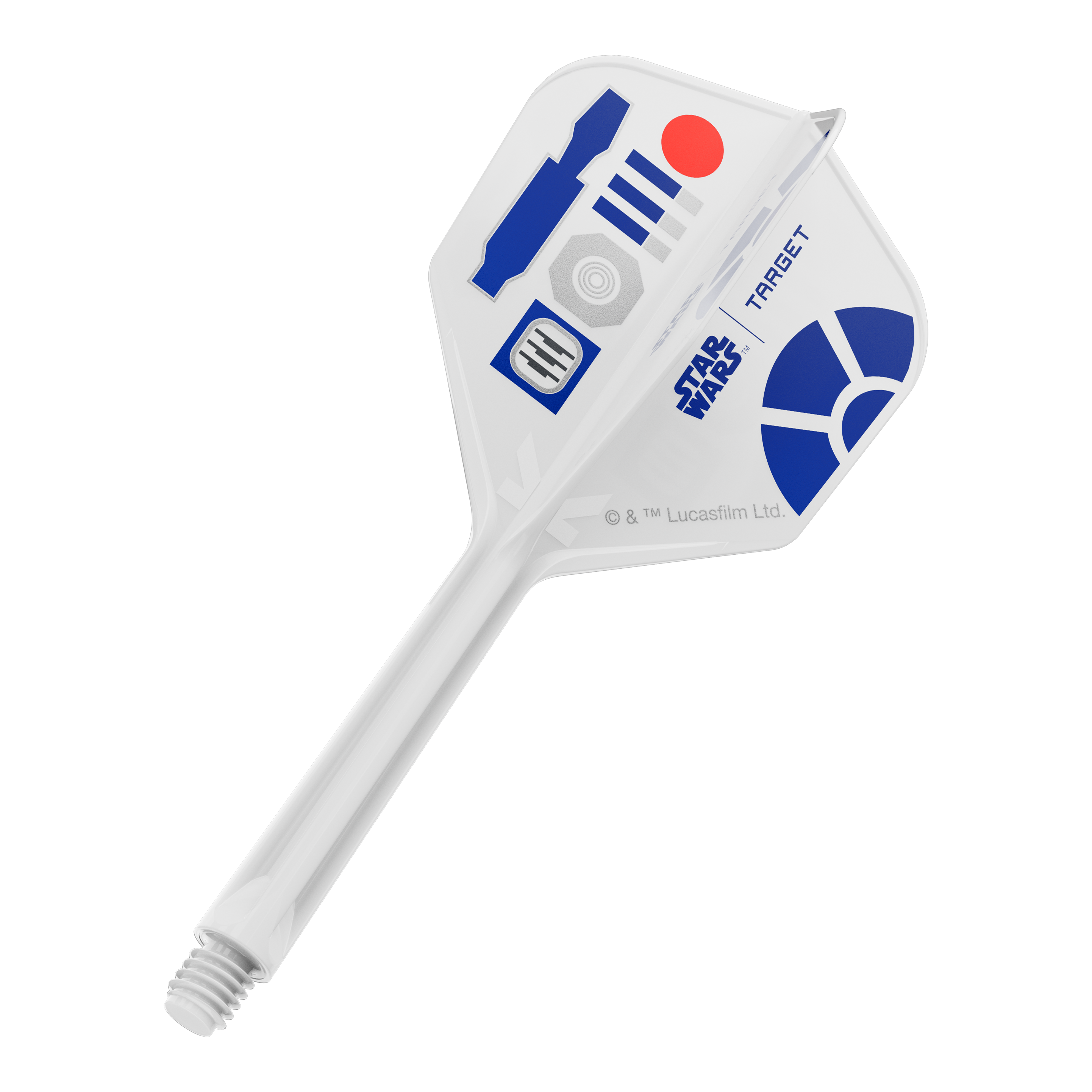 Das Bild zeigt ein Produkt mit dem Dateinamen 410512_Target_StarWars_KFlex_R2D2_No6_Flights_Medium_33mm_1. Es dürfte ein Dart-Flight im Star Wars Design sein.