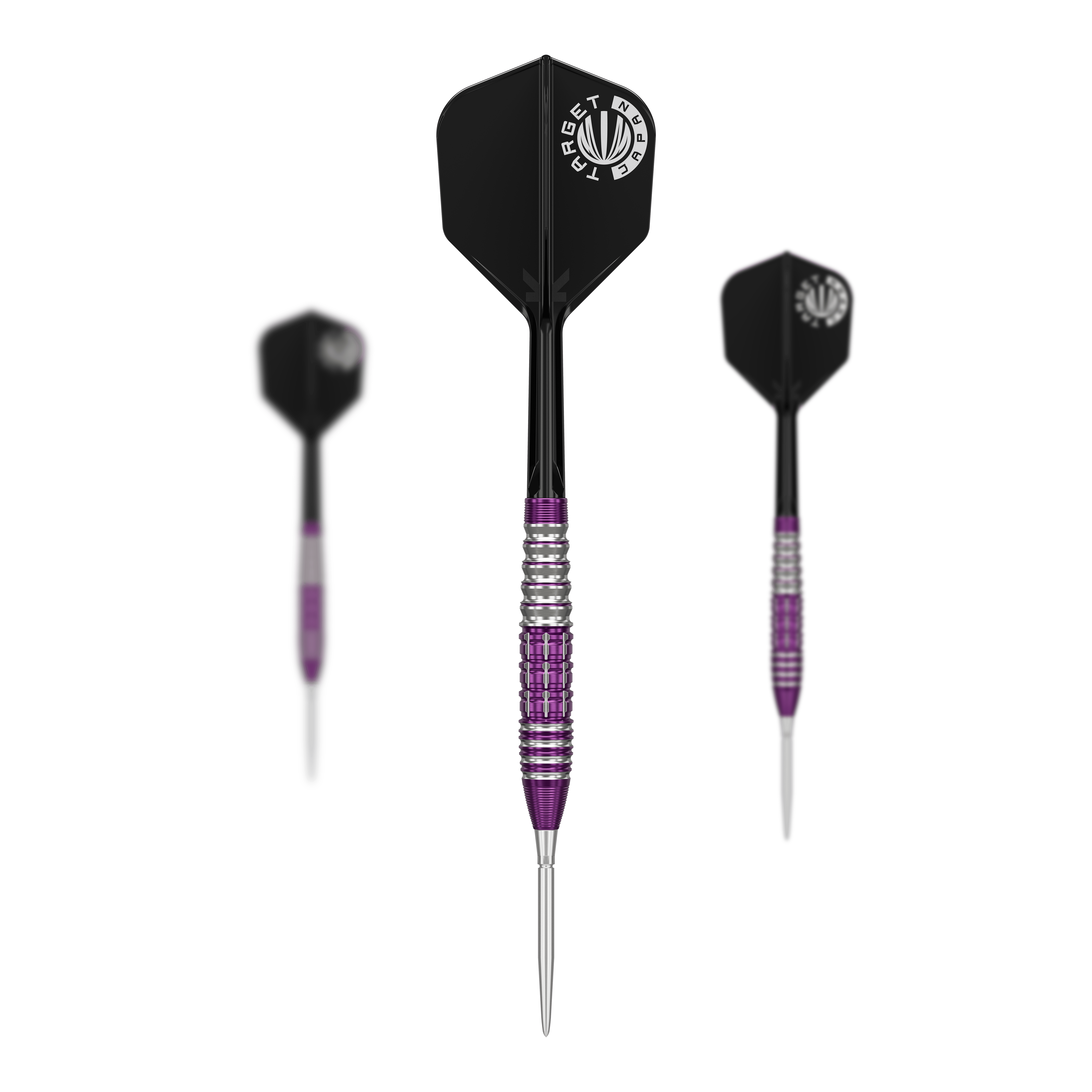 Dardos de acero Target Japan Prime Series Tung Suk Zenith GEN1 Swiss Point - 23 g Das Bild zeigt drei Steeldarts der Marke "Target Japan Prime Series Tung Suk Zenith GEN1 Swiss Point" mit einem Gewicht von 23g. Die Darts haben silberne und lila Akzente sowie schwarze Flights mit weißem Logo.