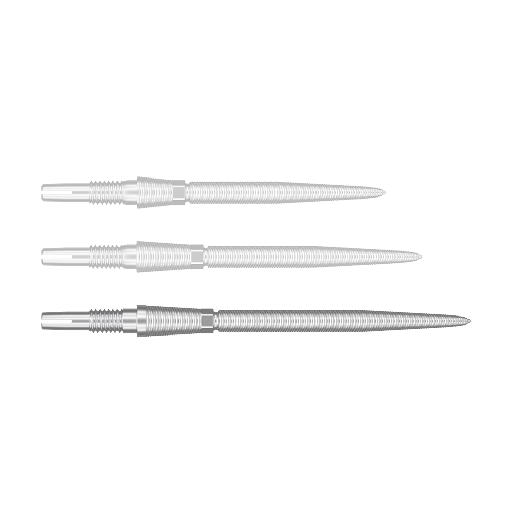 Target Swiss Storm Nano Point Dartspitzen - Silber Auf dem Bild sind drei silberne Dartspitzen in einer Reihe zu sehen. Sie sind lang, schmal und besitzen ein feines Rillenmuster.