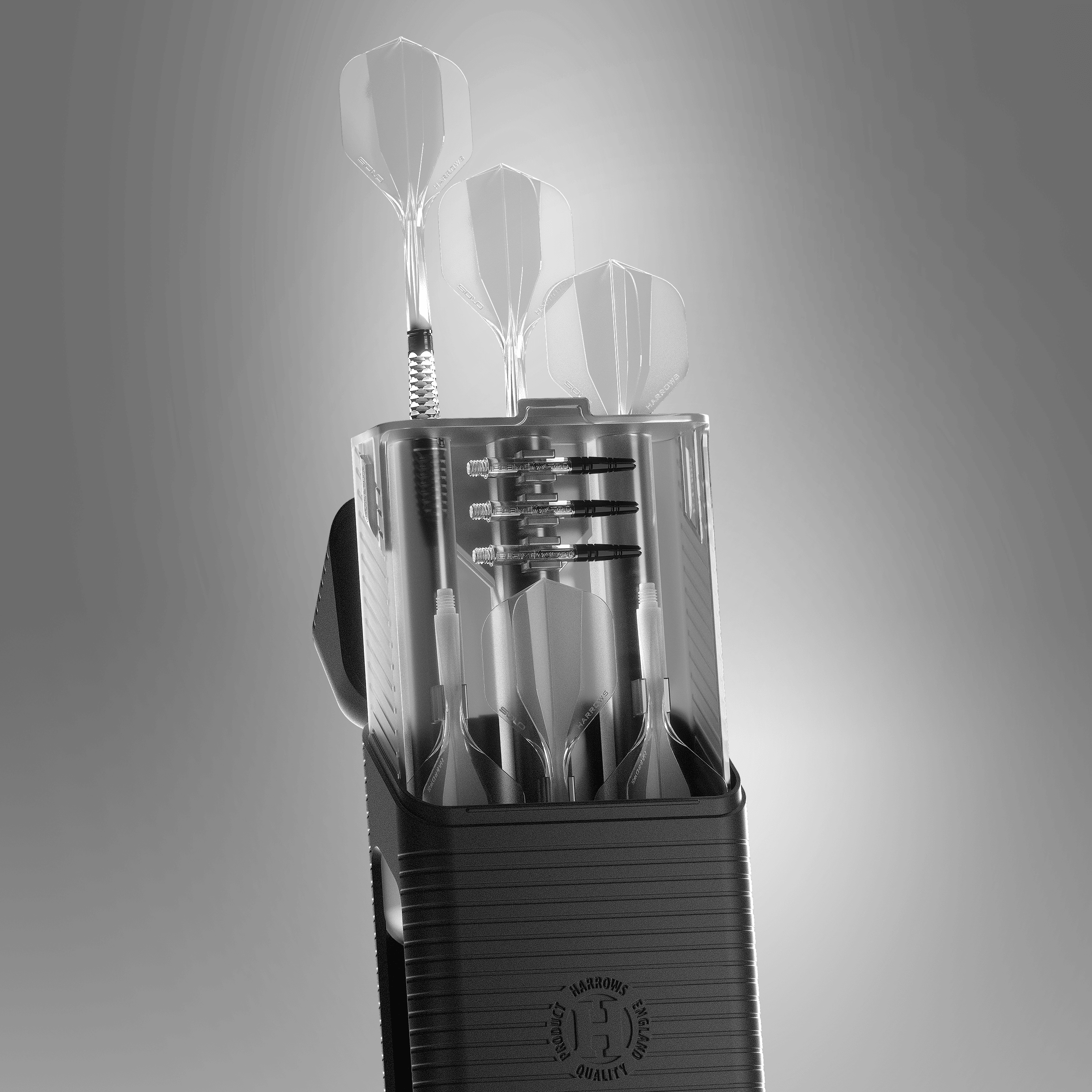 Estuche para dardos Harrows Vault Ein Harrows Vault Dartcase Clear (durchsichtig) ist auf dem Bild abgebildet. Das geöffnete Etui zeigt den Innenraum zum Verstauen von Dartpfeilen.