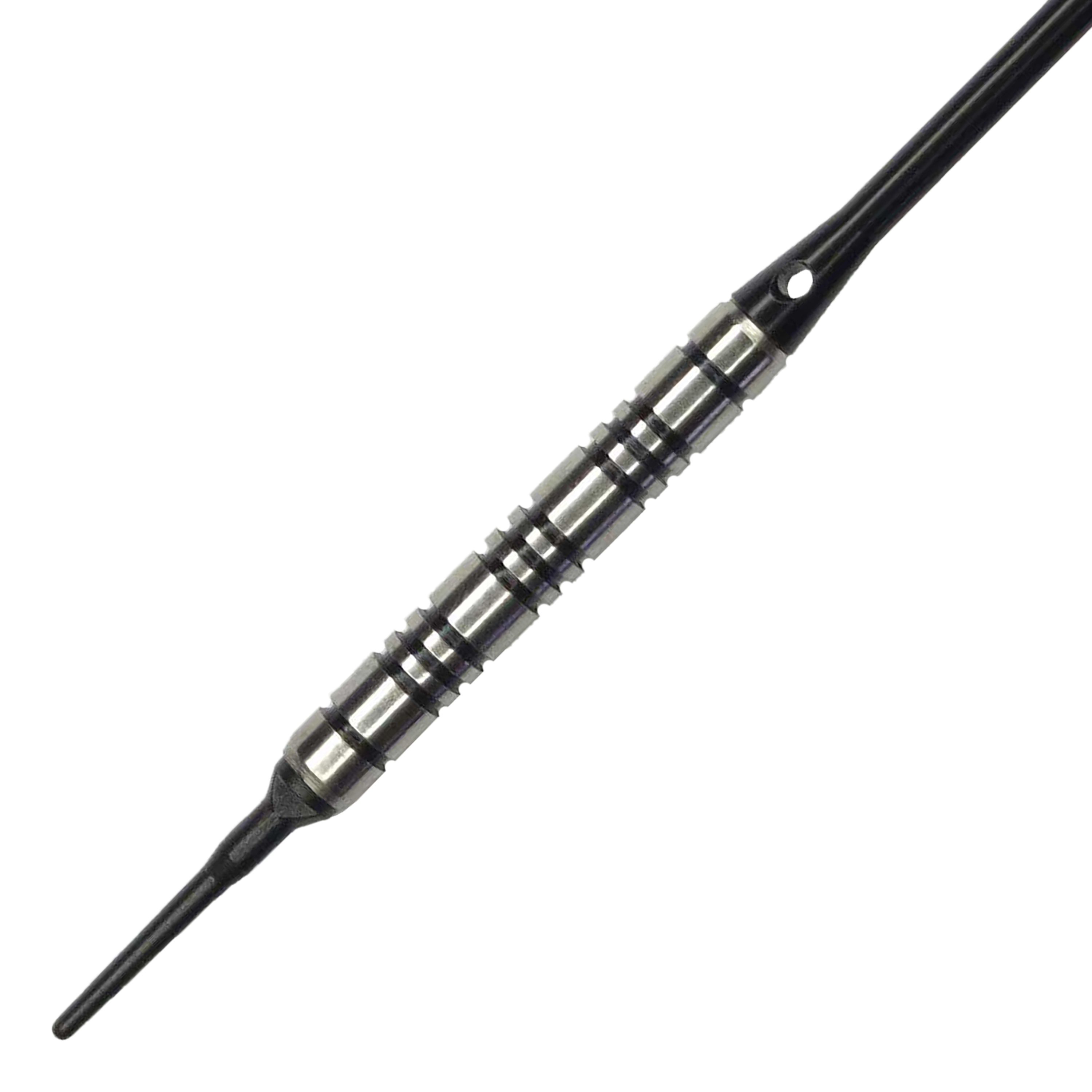 Dardos blandos McDart 85 Tungsten V2 - 17 g Das Bild zeigt einen McDart 85er Tungsten V2 Softdart mit einem Gewicht von 17g. Der Dart besteht aus silbernem Metall mit schwarzen Rillen und besitzt eine schwarze Kunststoffspitze.