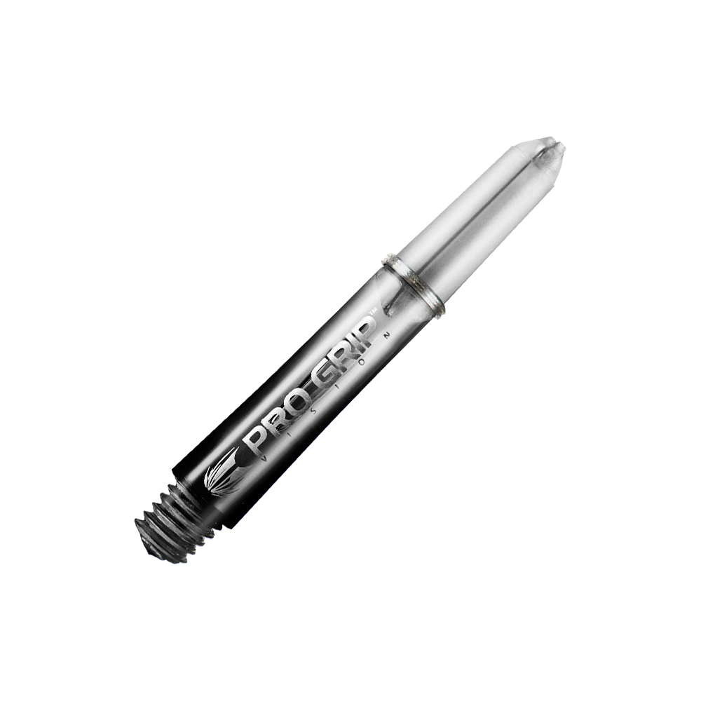 Varillas Target Pro Grip Vision - 3 juegos - Negras Das Bild zeigt einen schwarzen Pro Grip Vision Shafts von Target mit einer Länge von 34 mm. Der Schaft hat ein glänzendes Finish und ist mit einem Schraubgewinde ausgestattet.