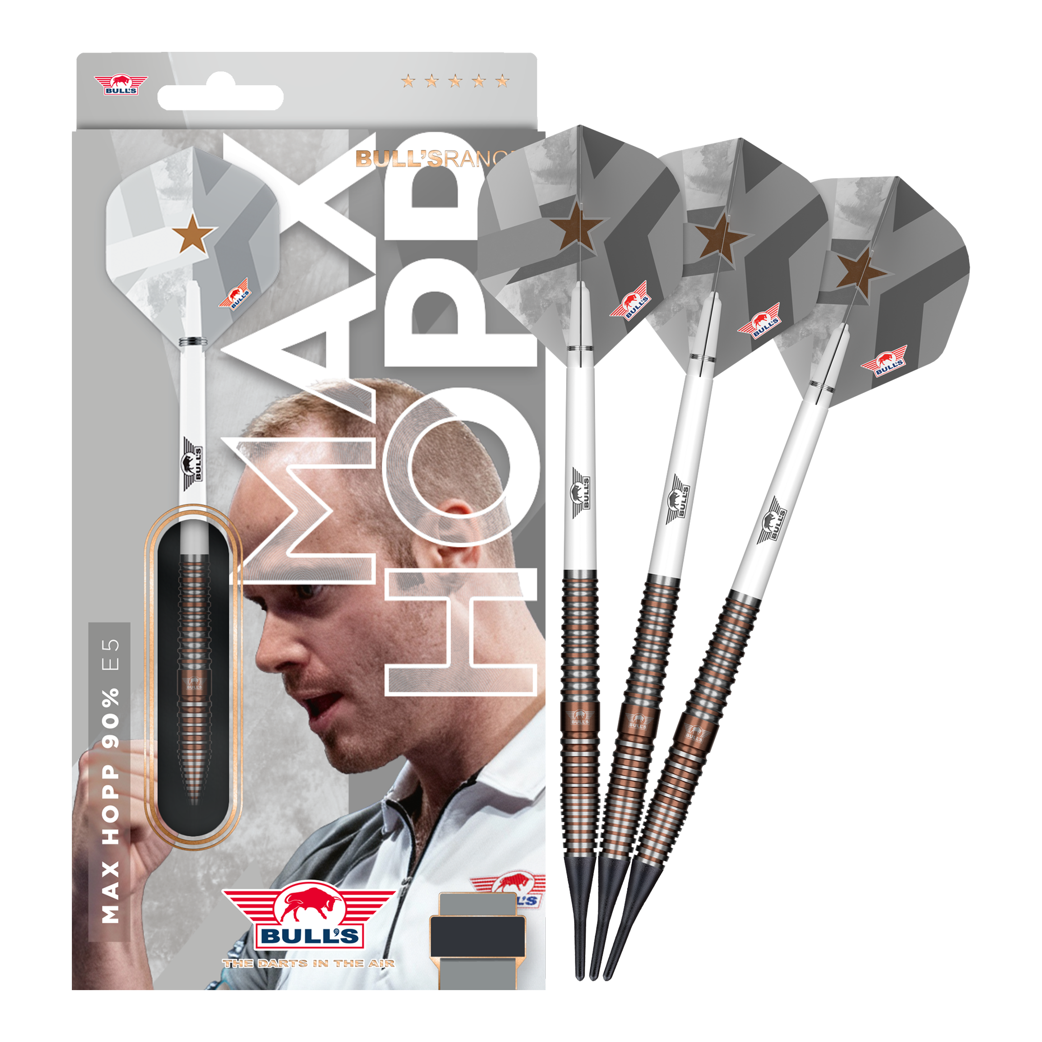Dardos blandos Bulls NL Max Hopp E5 - 20 g Zu sehen ist das Set Bulls NL Max Hopp E5 Softdarts im Gewicht 20g. Die Darts sind ideal für Softdart-Enthusiasten geeignet.