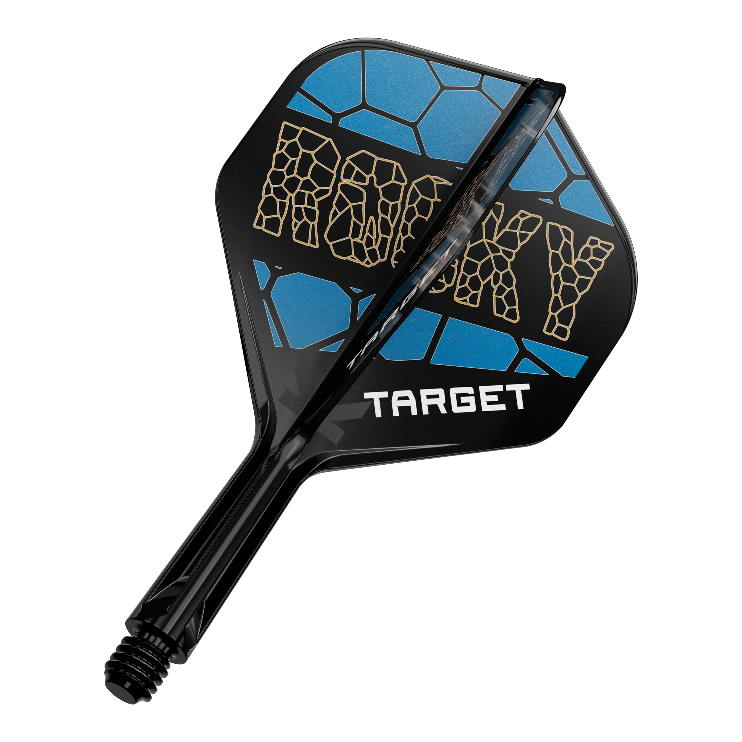Sistema de varilla de vuelo estándar Target K-Flex Josh Rock No2 Auf dem Bild ist ein Dart-Flight-System mit der Aufschrift „ROCKY“ in gelber Schrift zu sehen. Das Design ist schwarz und blau und darunter steht das Wort „TARGET“.