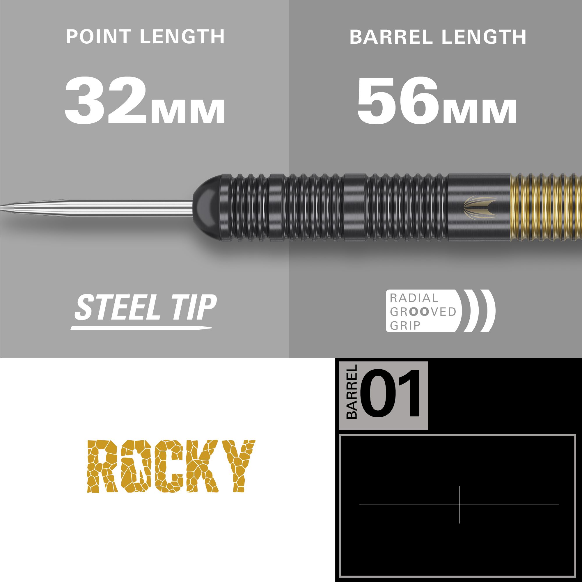 Dardos de acero y latón Target Josh Rock - 22 g Das Bild zeigt den Target Josh Rock Brass Steeldart mit einer Stahlspitze. Die Spitzenlänge beträgt 32 mm und die Barrel-Länge 56 mm, mit radial gerilltem Griff.