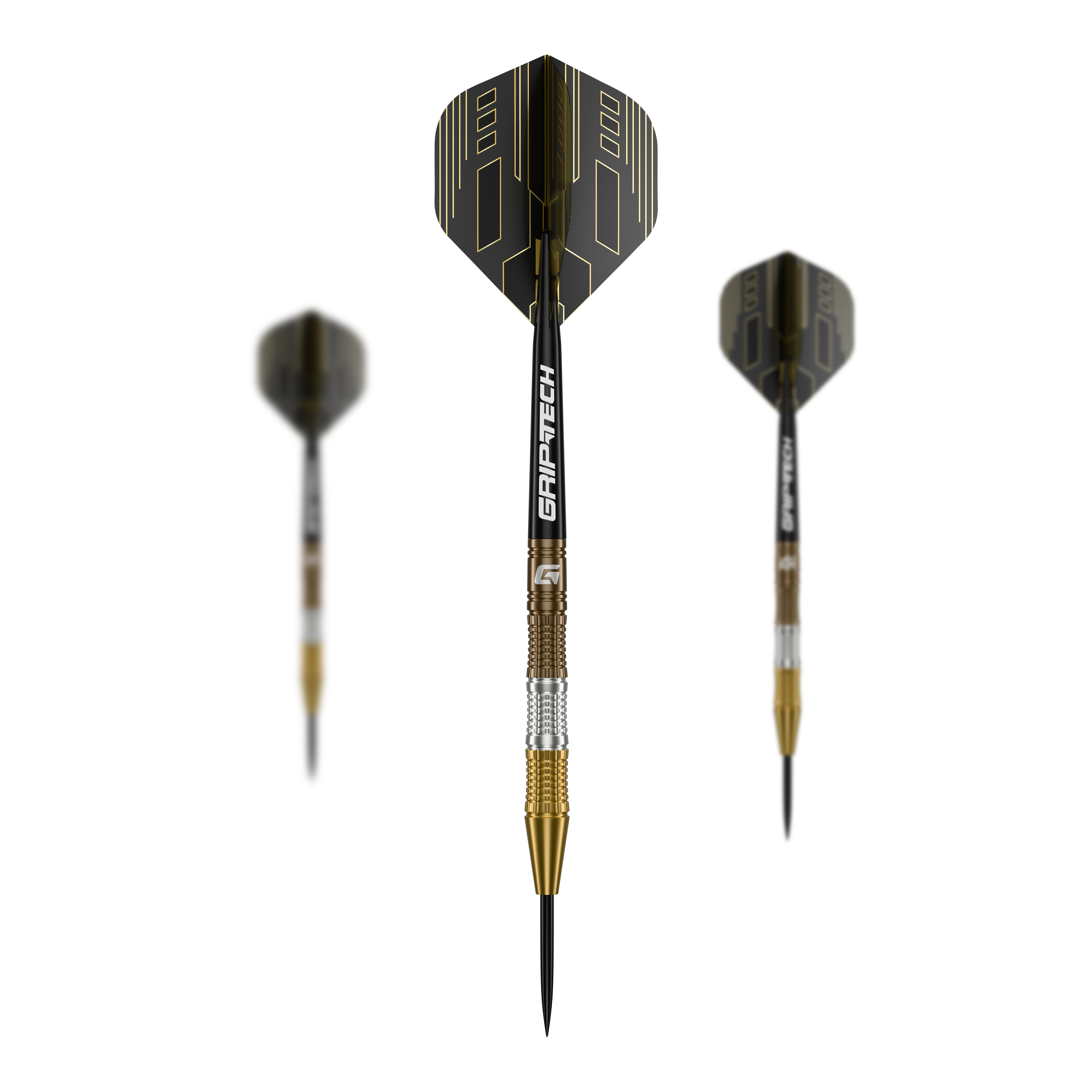 Dardos de acero de tungsteno para la ceremonia GOAT Das Bild zeigt drei "GOAT Ceremony Tungsten Steeldarts" mit schwarzen und goldenen Elementen. Der mittlere Dart ist im Fokus und zeigt den Schriftzug "GRIP-TECH" auf dem Schaft.