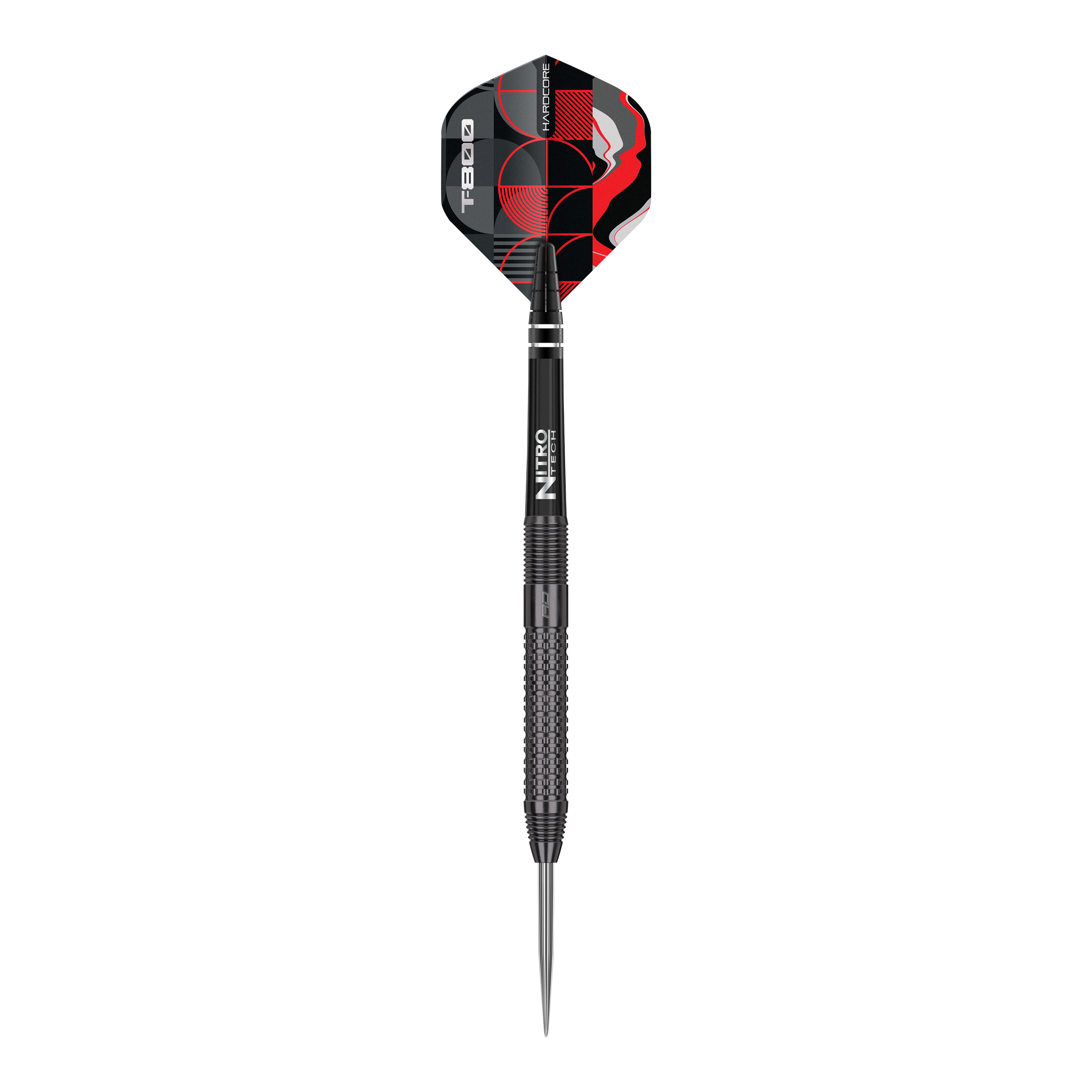 Dardos de acero Red Dragon T-800 Das Bild zeigt einen Red Dragon T-800 Steeldart mit einer schwarzen, strukturierten Oberfläche. Die Dartflügel sind schwarz-rot gemustert und tragen den Schriftzug "T-800".