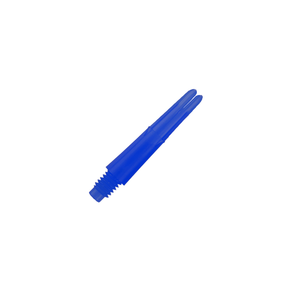 Ejes en L bloqueados rectos estilo L - Azul Auf dem Bild ist ein gerader, blauer Dart-Schaft ohne Kappen zu sehen. Er hat ein Gewinde am unteren Ende und ist 26 mm lang.