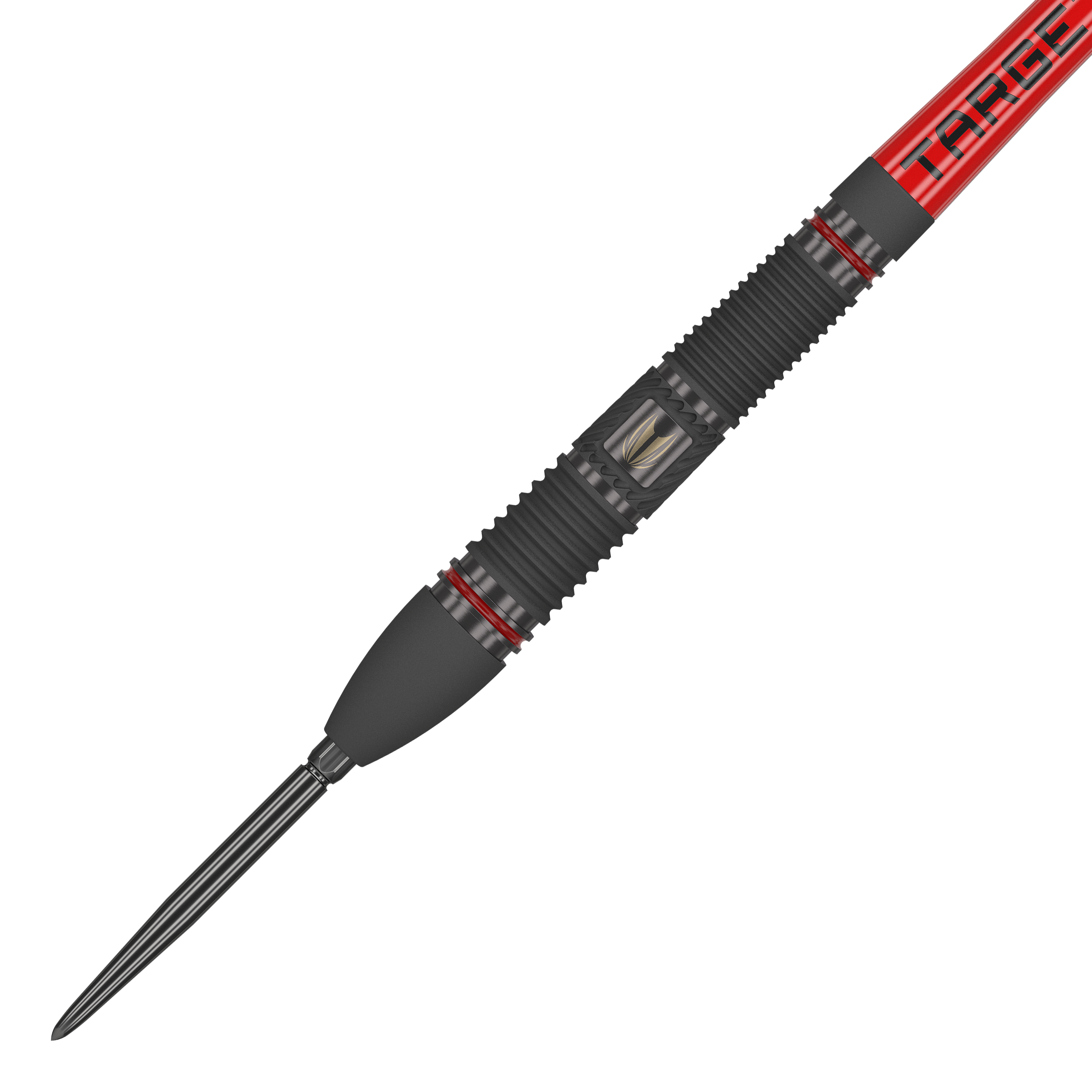 Dardos de acero Target Scope 02 Swiss Point Das Bild zeigt einen Target Scope 02 Swiss Point Steeldart mit einem schwarzen und roten Design. Der Dartpfeil hat eine gerillte Griffzone und eine scharfe Metallspitze.
